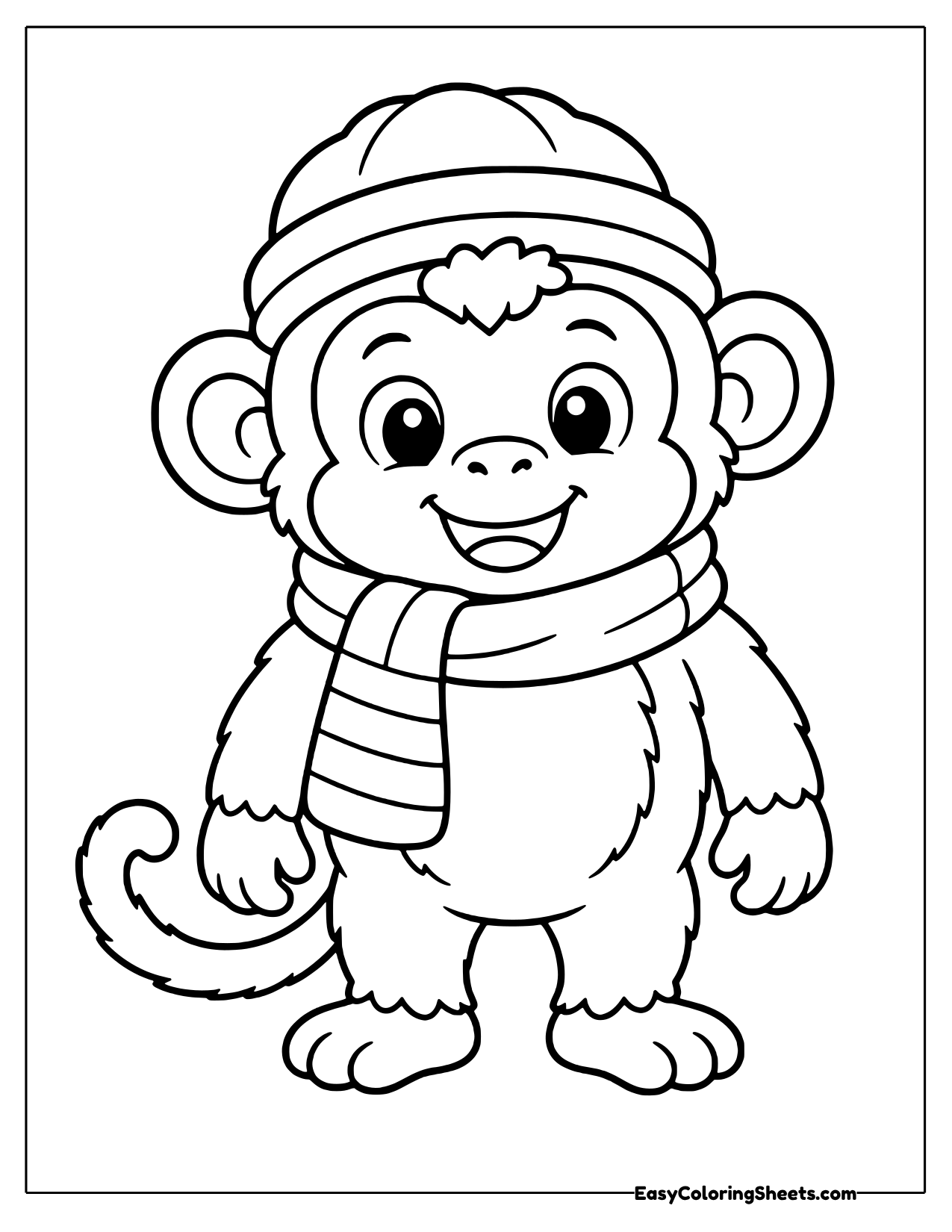 Monkey in a knit hat and striped scarf