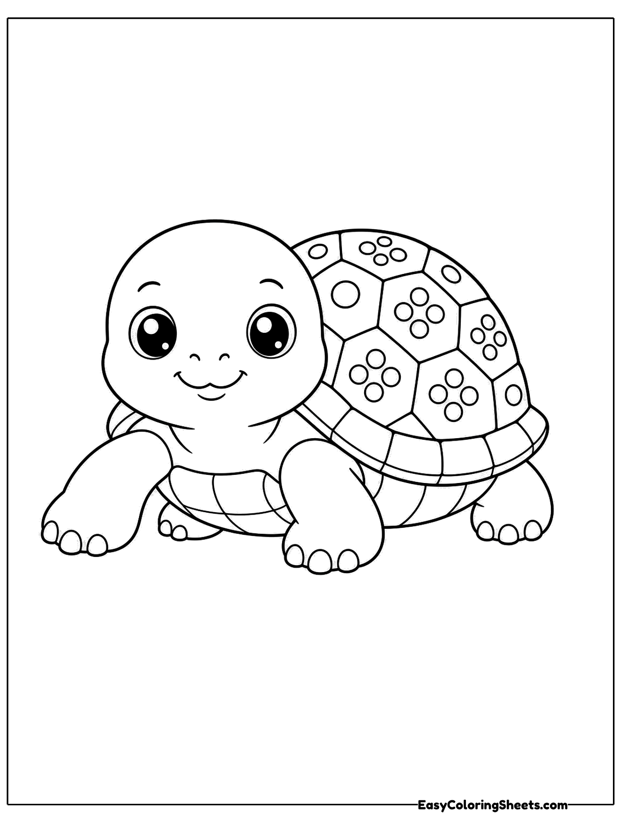 A smiling turtle sits on the ground with a domed shell decorated with a little flower shape in every section.