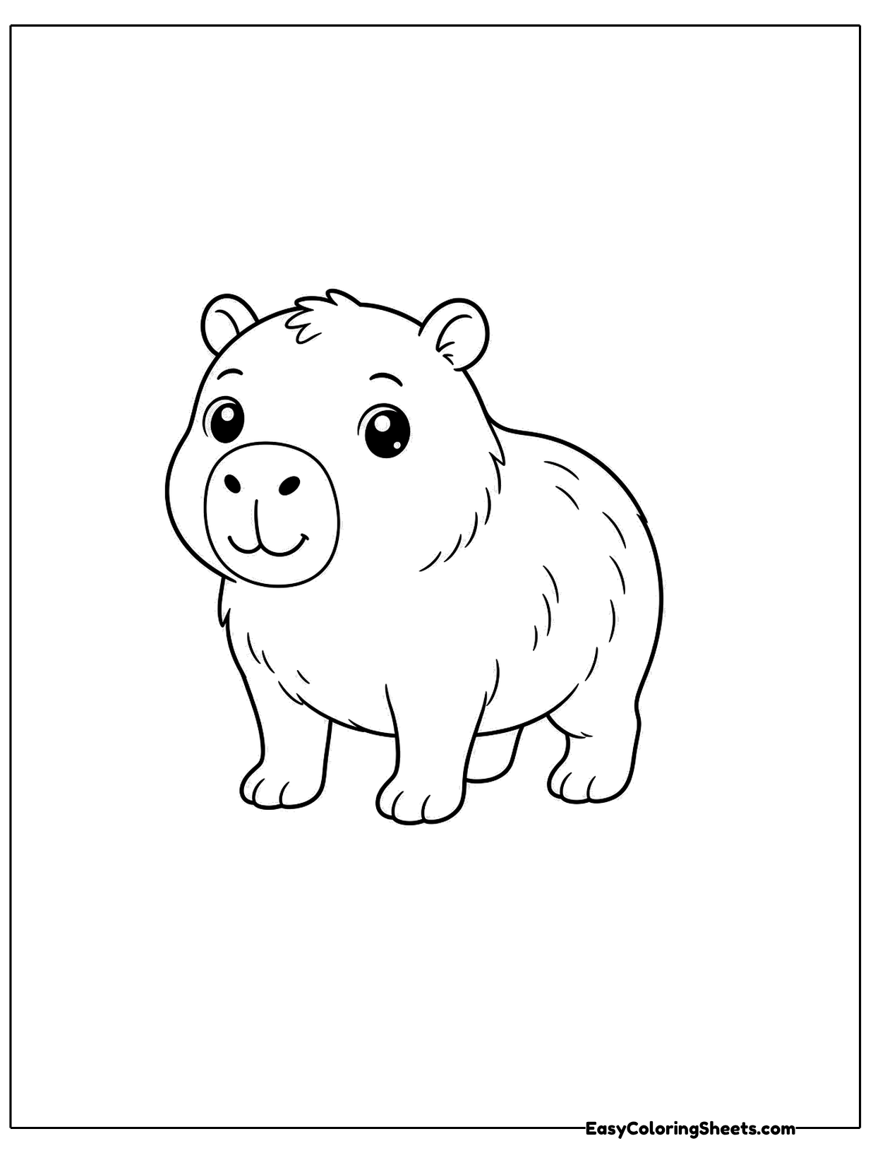 A capybara stands facing forward with its legs planted and a round snout pointed at the viewer.