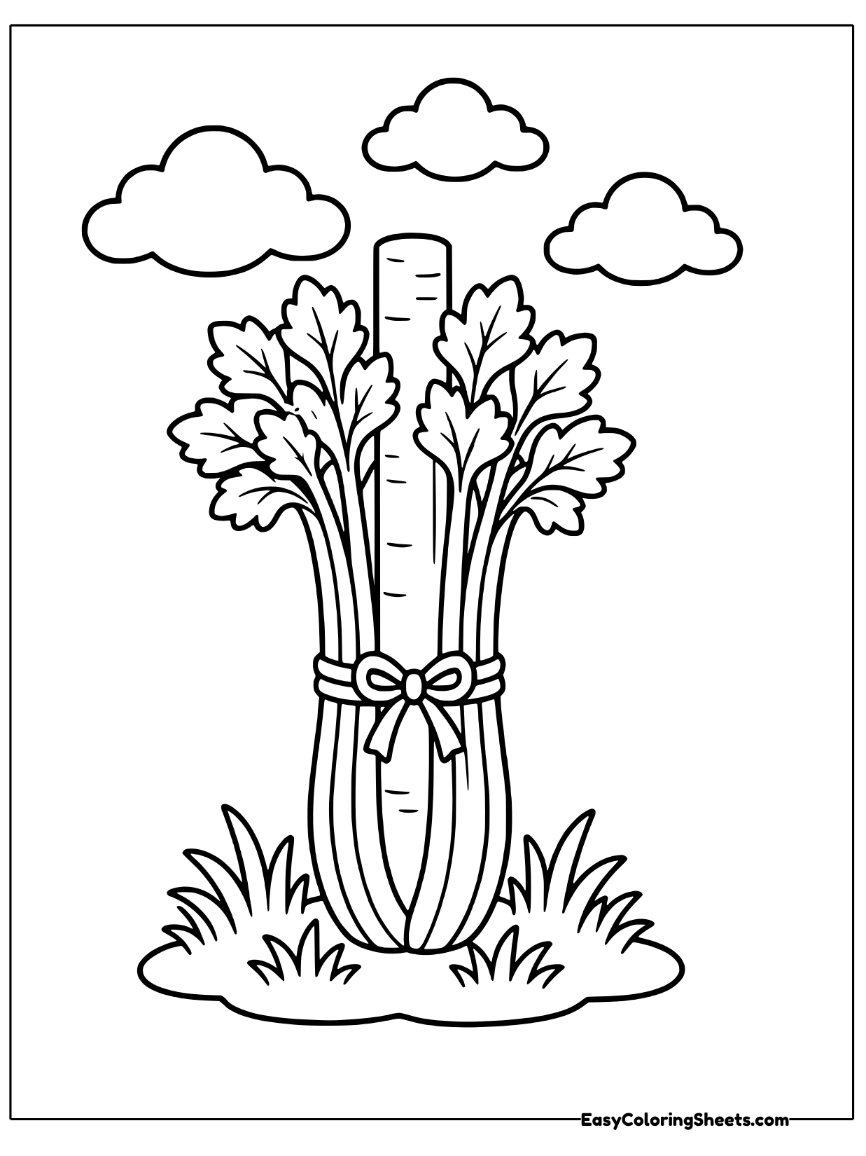 A tall bunch of celery is tied with a string to a wooden fence post, standing in a grassy patch.