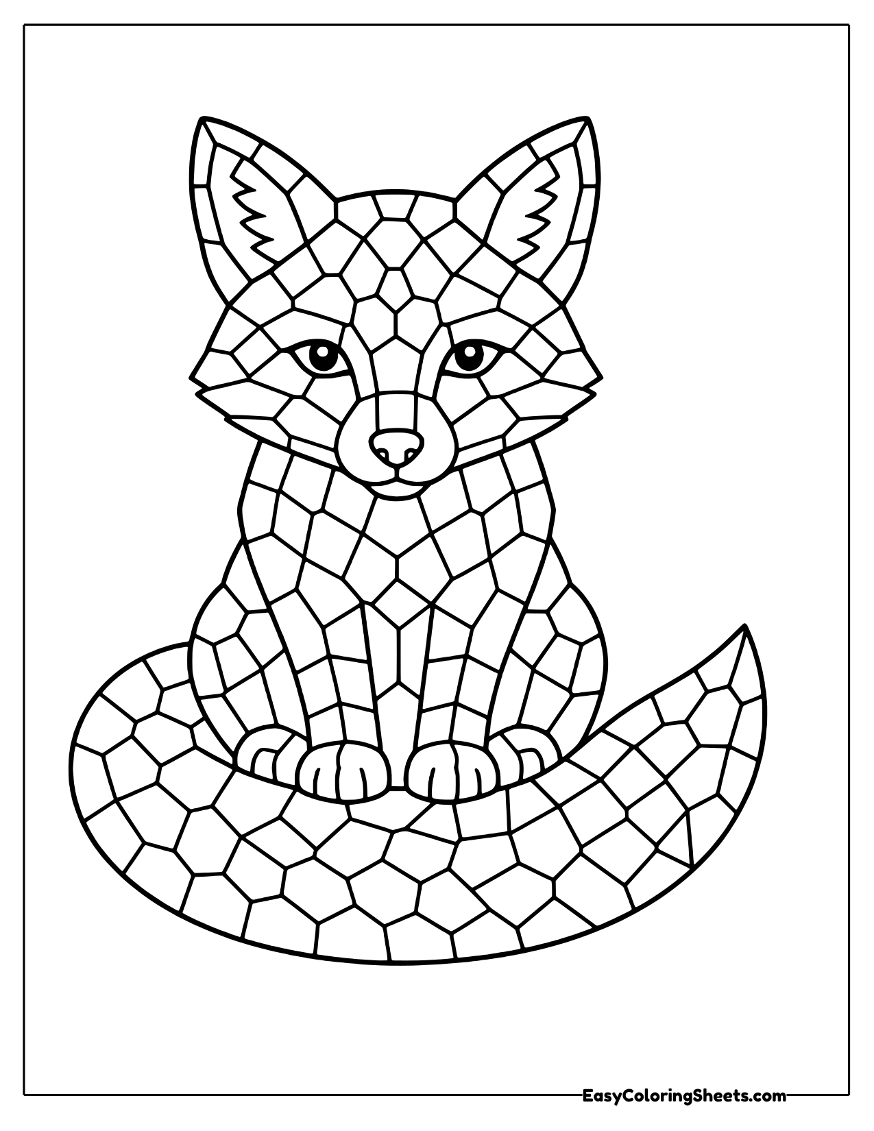 Mosaic fox sitting with a bushy tail