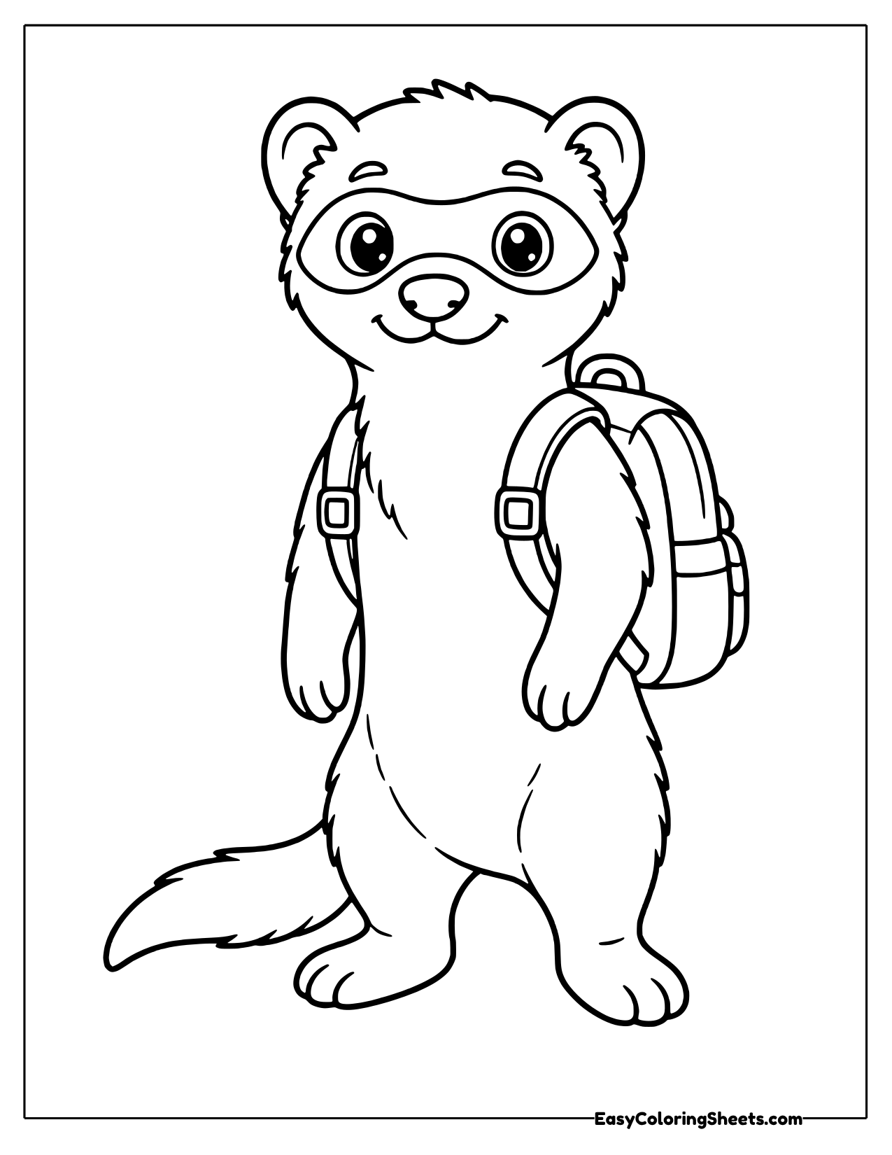This ferret stands on its hind legs with a roomy backpack strapped over its shoulders, ready for the first day of class.