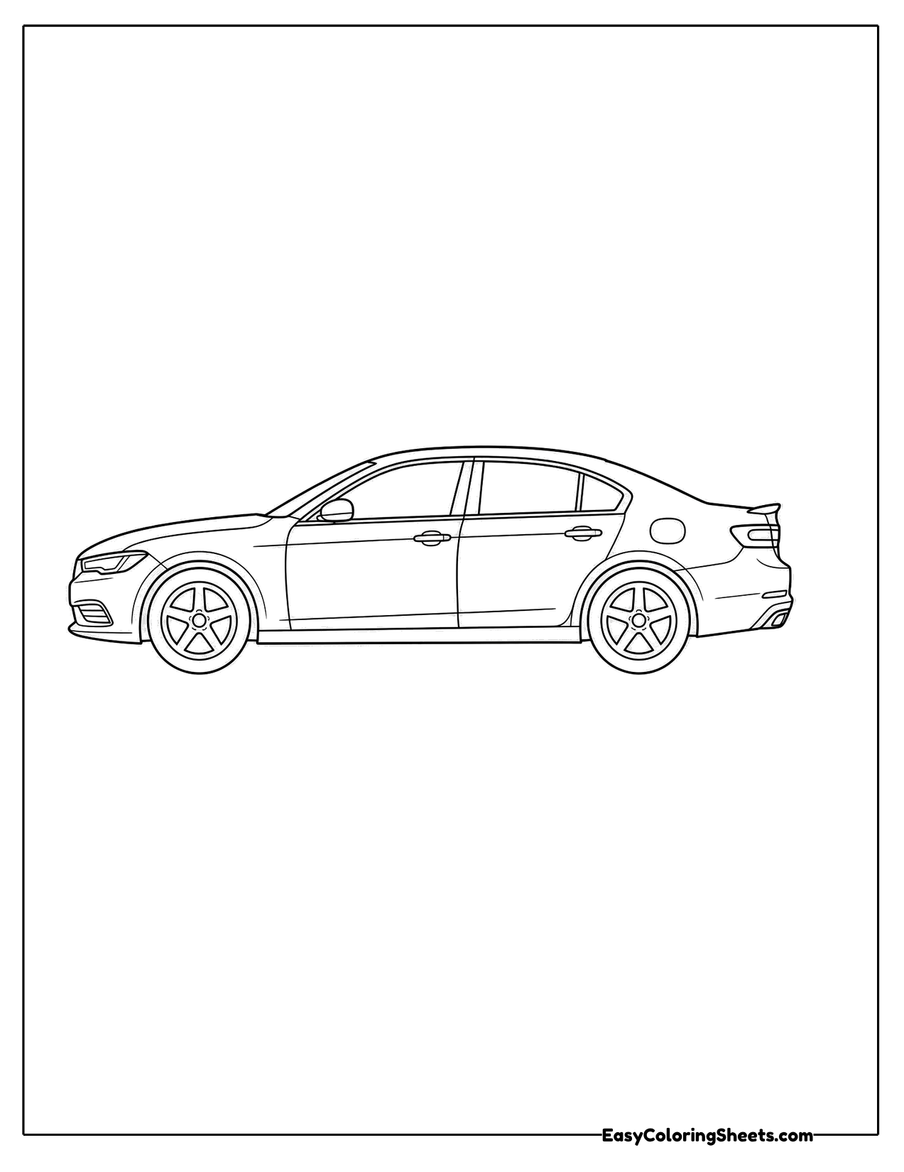 Sleek four door sedan drawn in a long side view