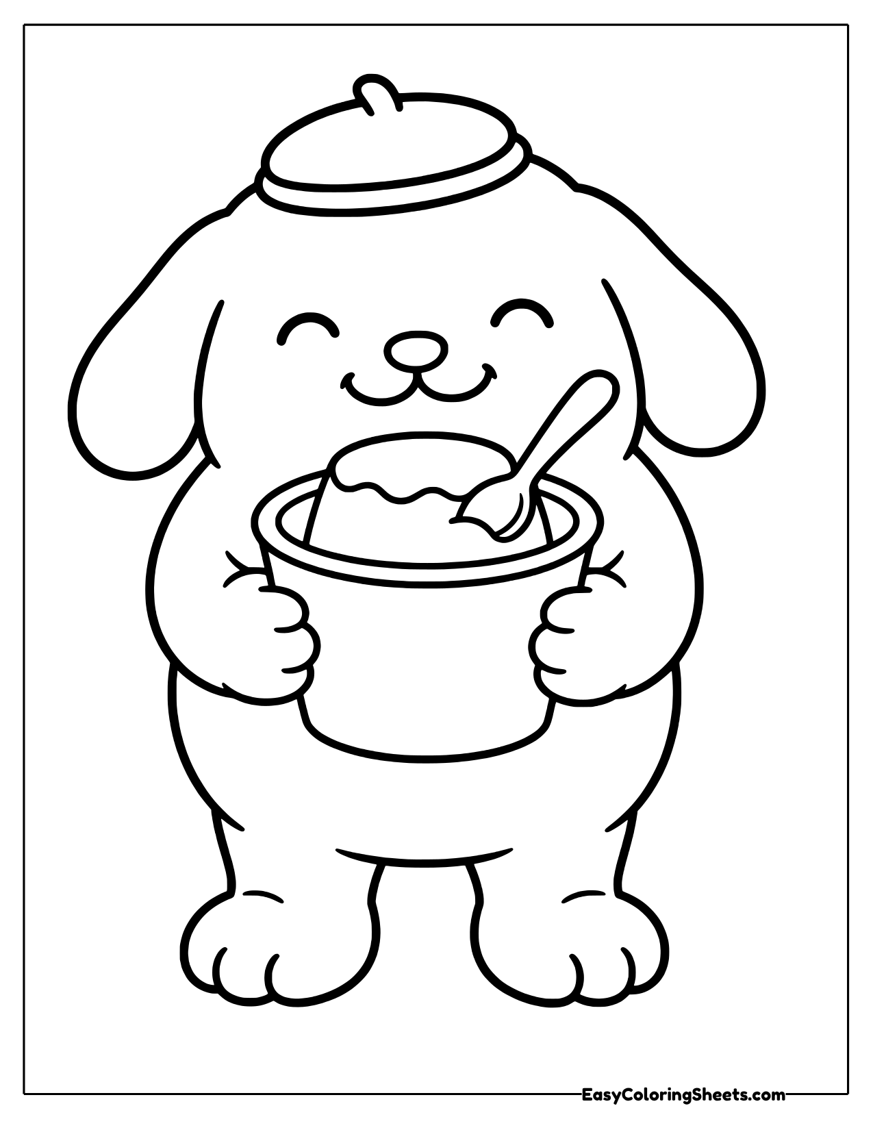 Pompompurin the dog smiling and holding a large pudding cup with a spoon