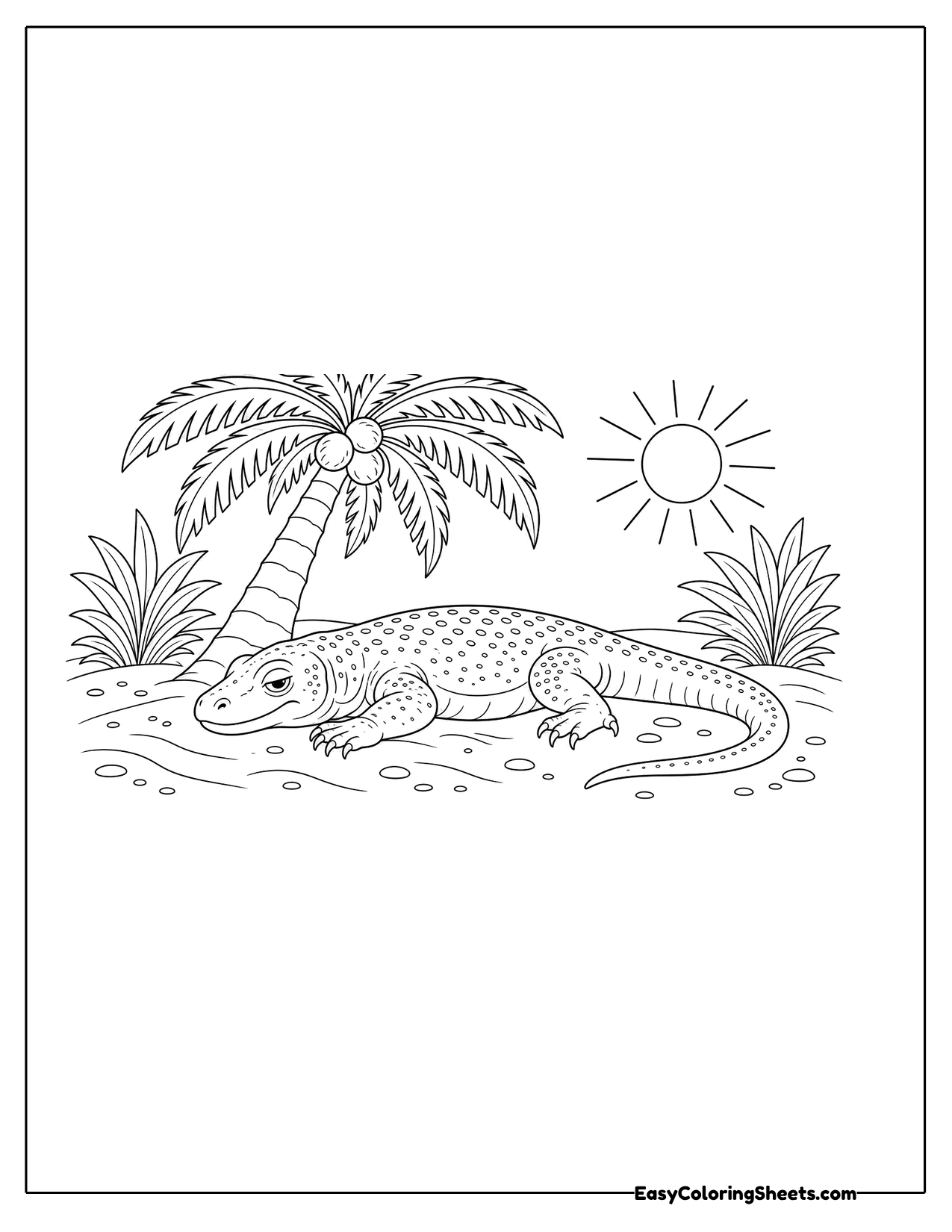 Komodo dragon resting under a palm tree