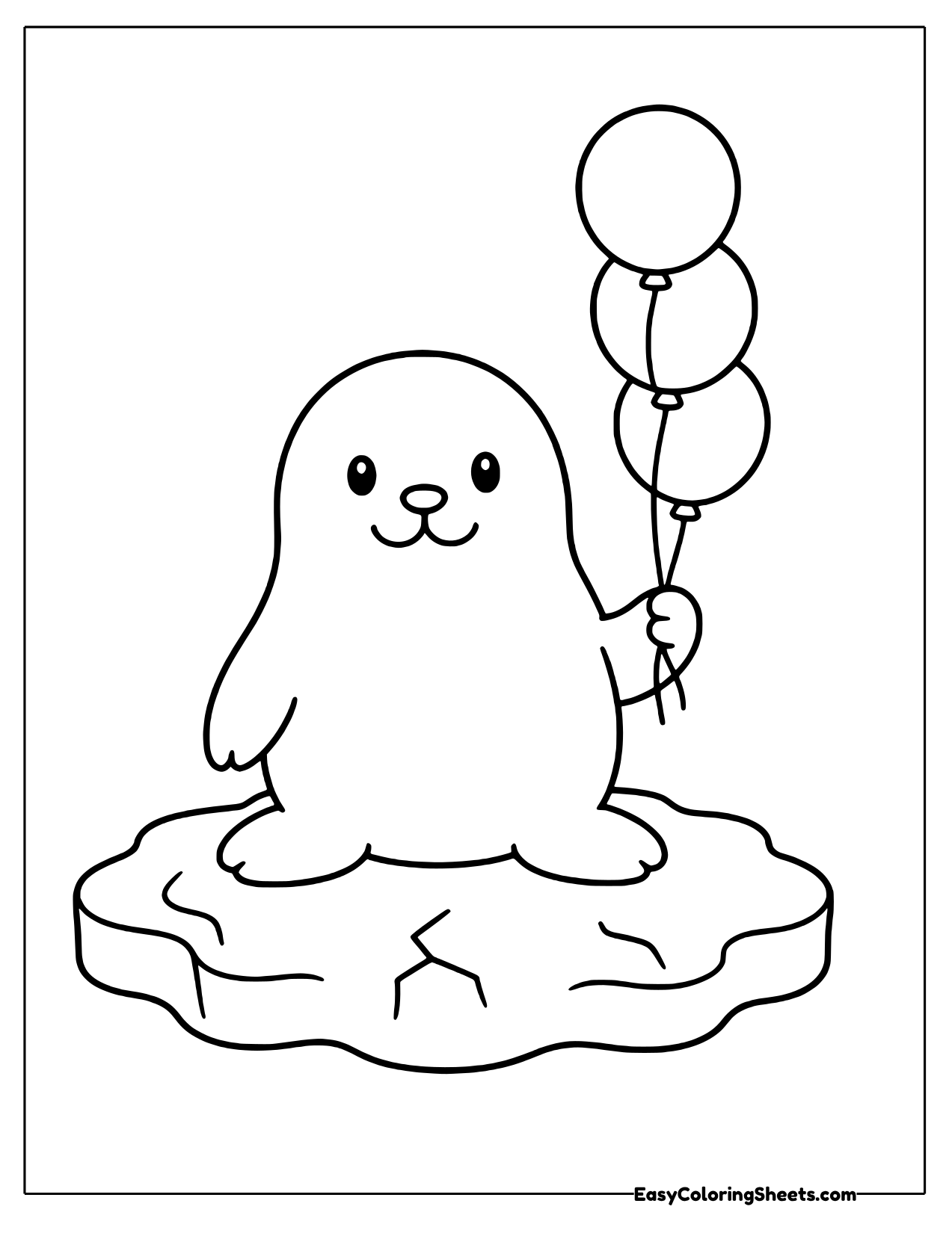 Seal on an ice floe holding a bunch of balloons