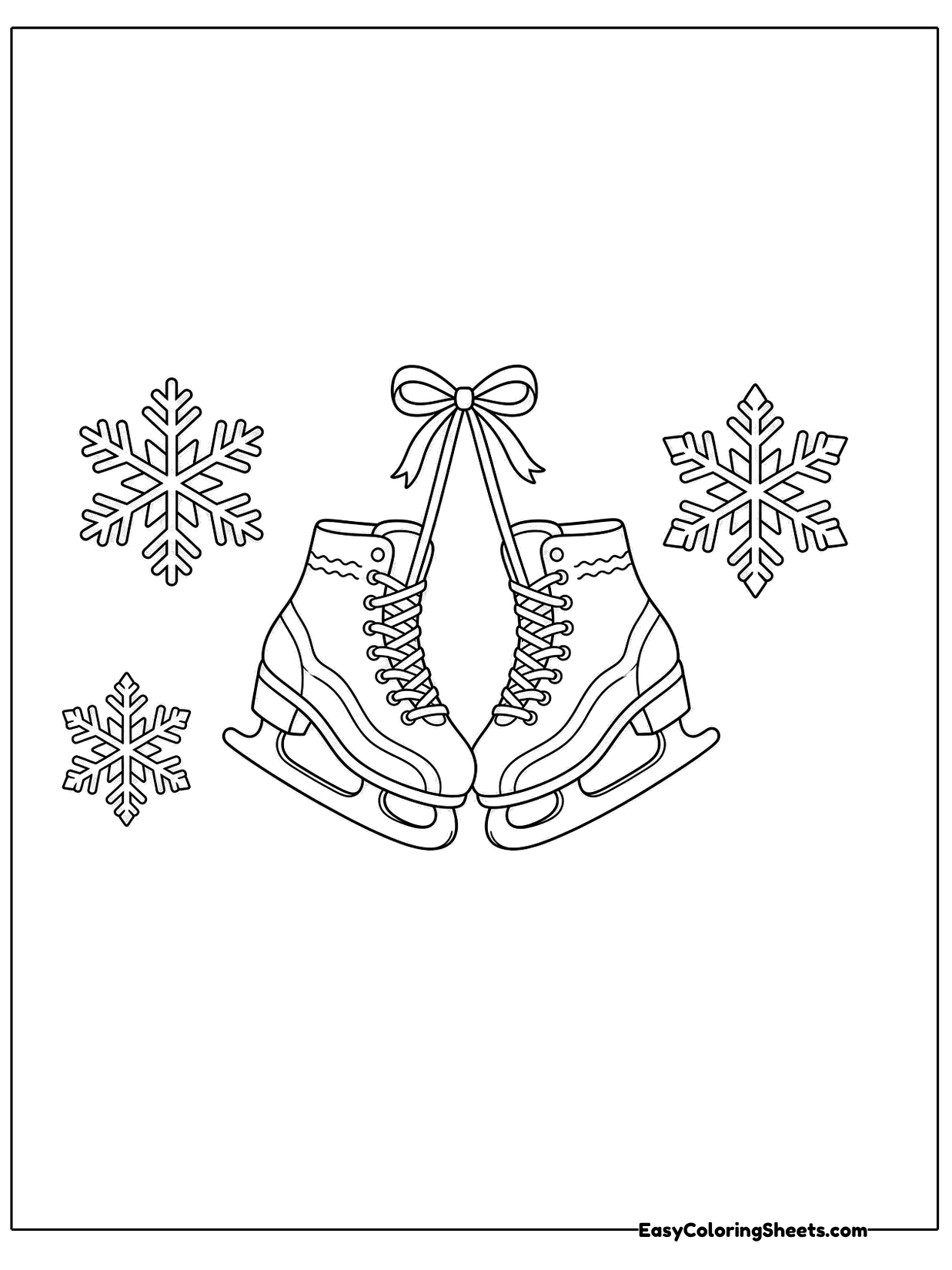 Two white ice skates hang together tied by their laces in a bow, surrounded by sparkling snowflakes.