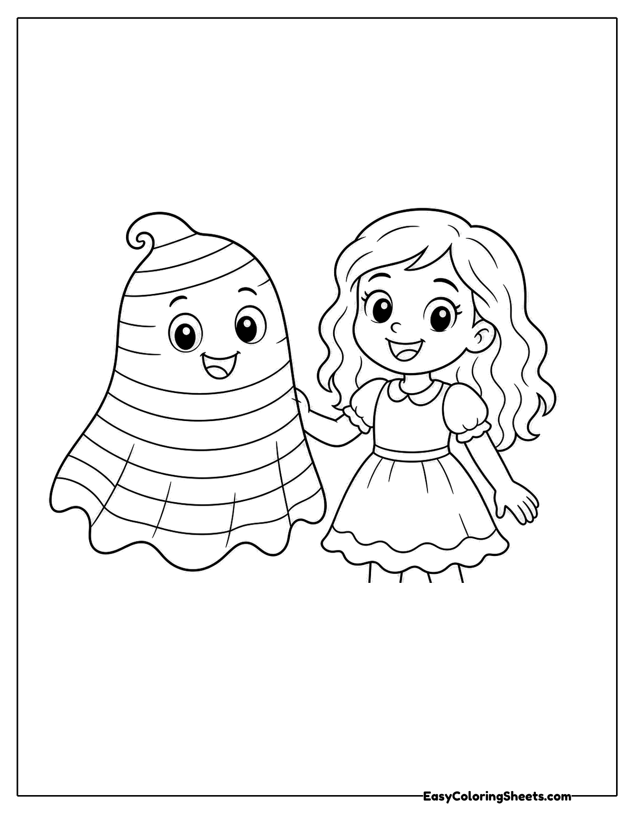Striped ghost-style character beside a girl
