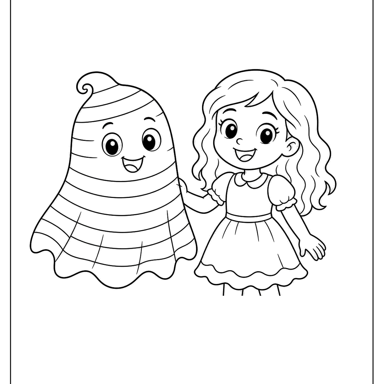 Striped ghost-style character beside a girl