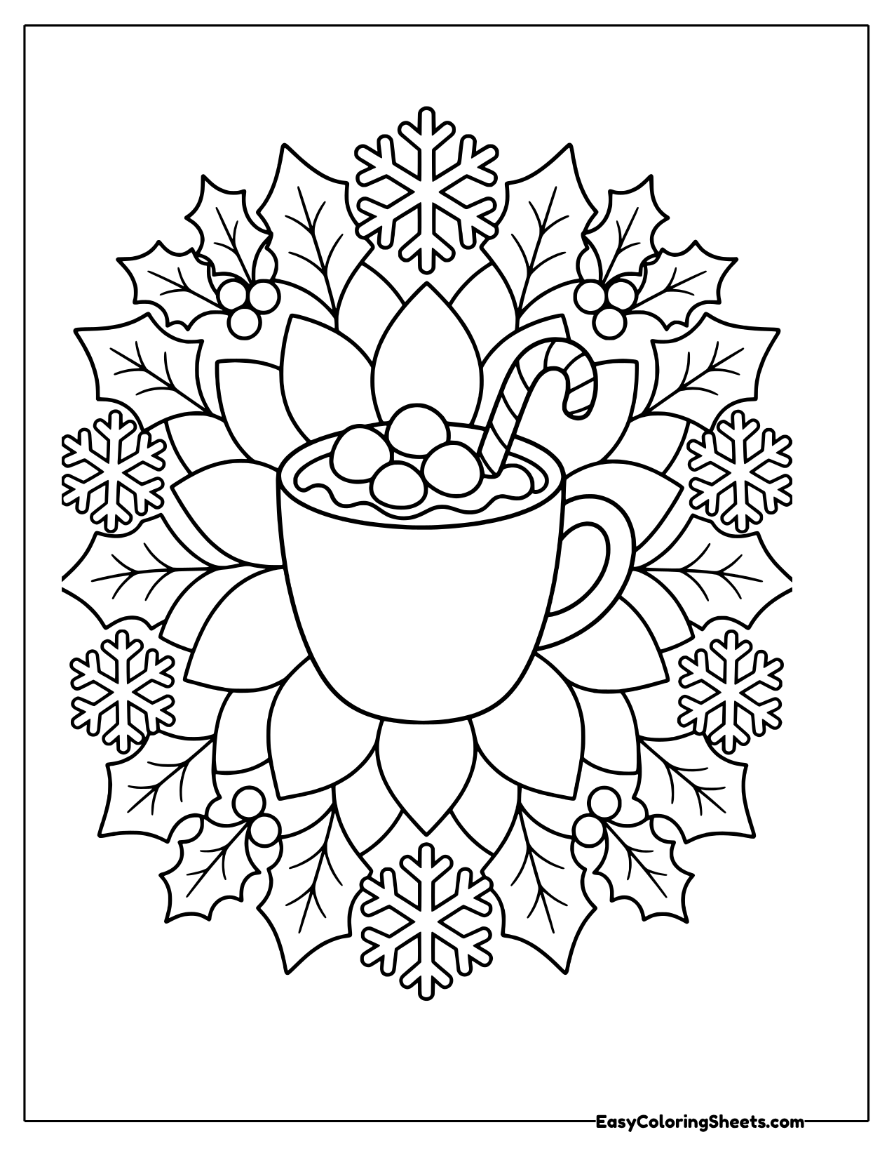 Hot cocoa mug in the center of a holly and snowflake mandala