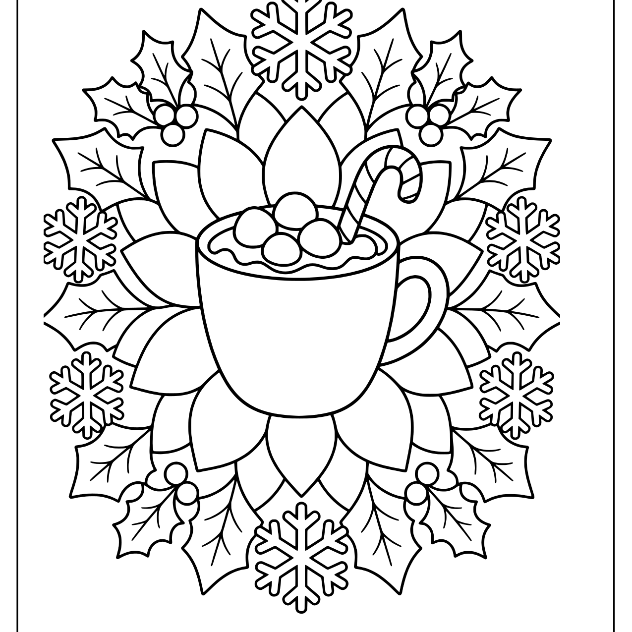 Hot cocoa mug in the center of a holly and snowflake mandala