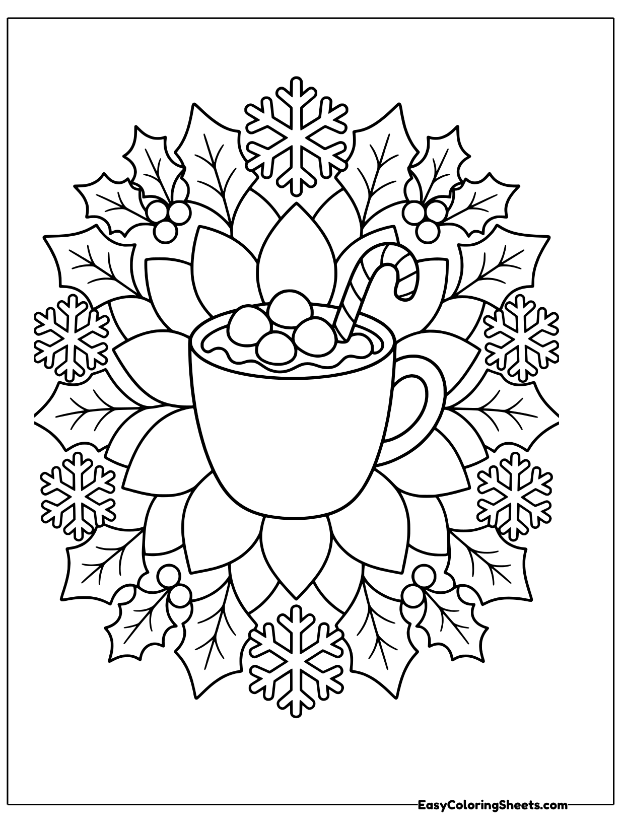 A mug of hot cocoa with marshmallows and a candy cane sits in the center of a mandala of petals, holly leaves and snowflakes.