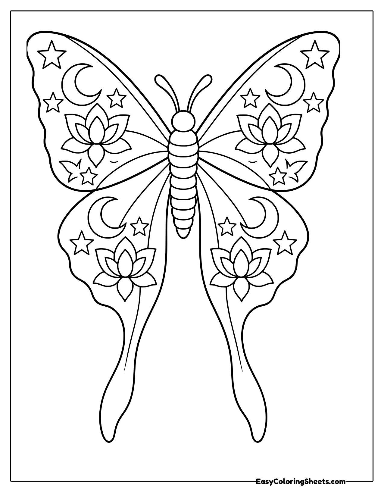 Luna moth mandala with lotus flowers, crescent moons and stars on its wings