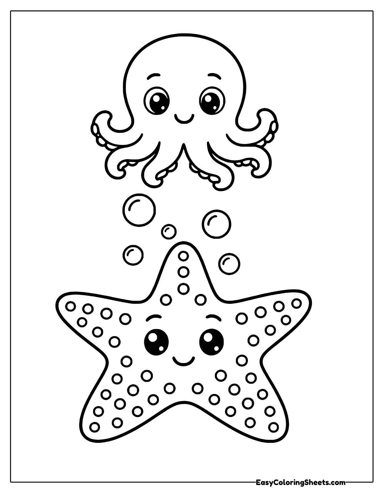 Smiling dotted starfish below a cute curly-armed octopus