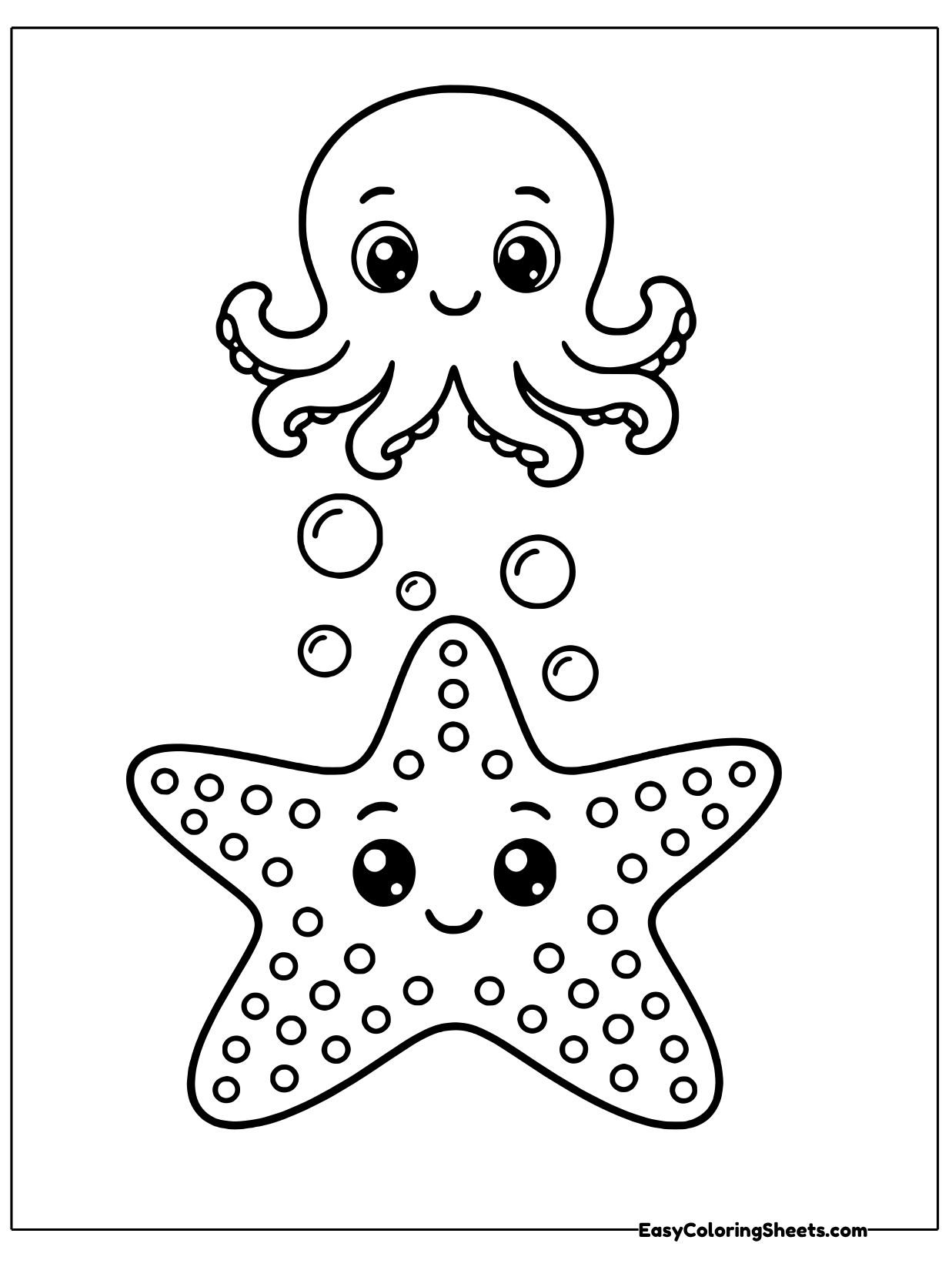 A smiling dotted starfish rests on the ocean floor while a cute little octopus floats above with curly arms and a stream of.