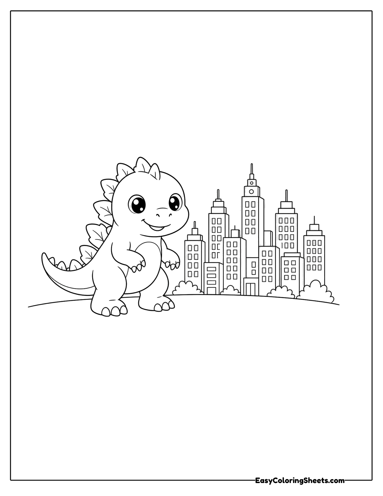 Small dinosaur monster beside a city skyline