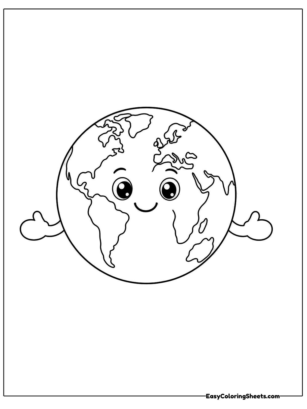 A cute Earth with a smiling face, big eyes and little arms spreads its arms wide.