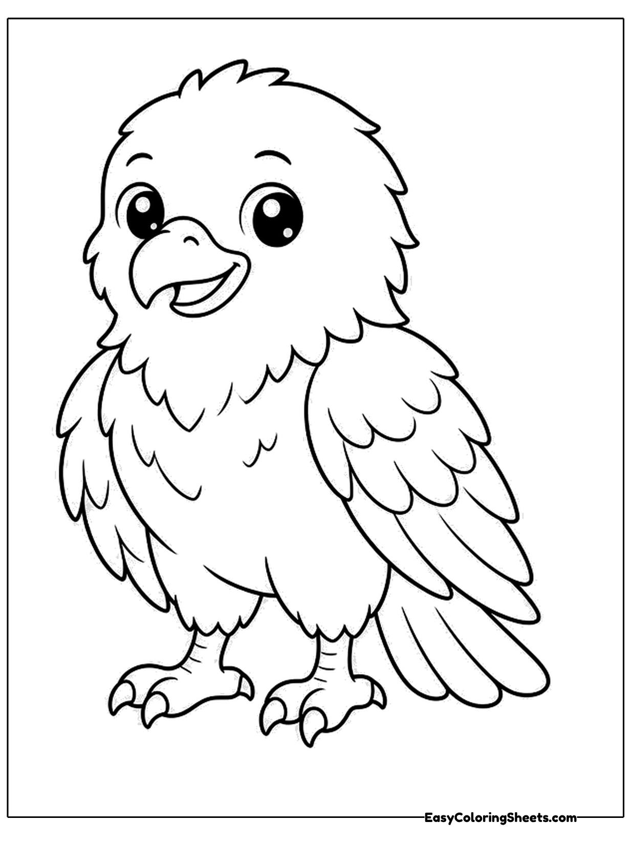 A cute cartoon bald eagle with big shiny eyes and fluffy feathers stands with its wings tucked.