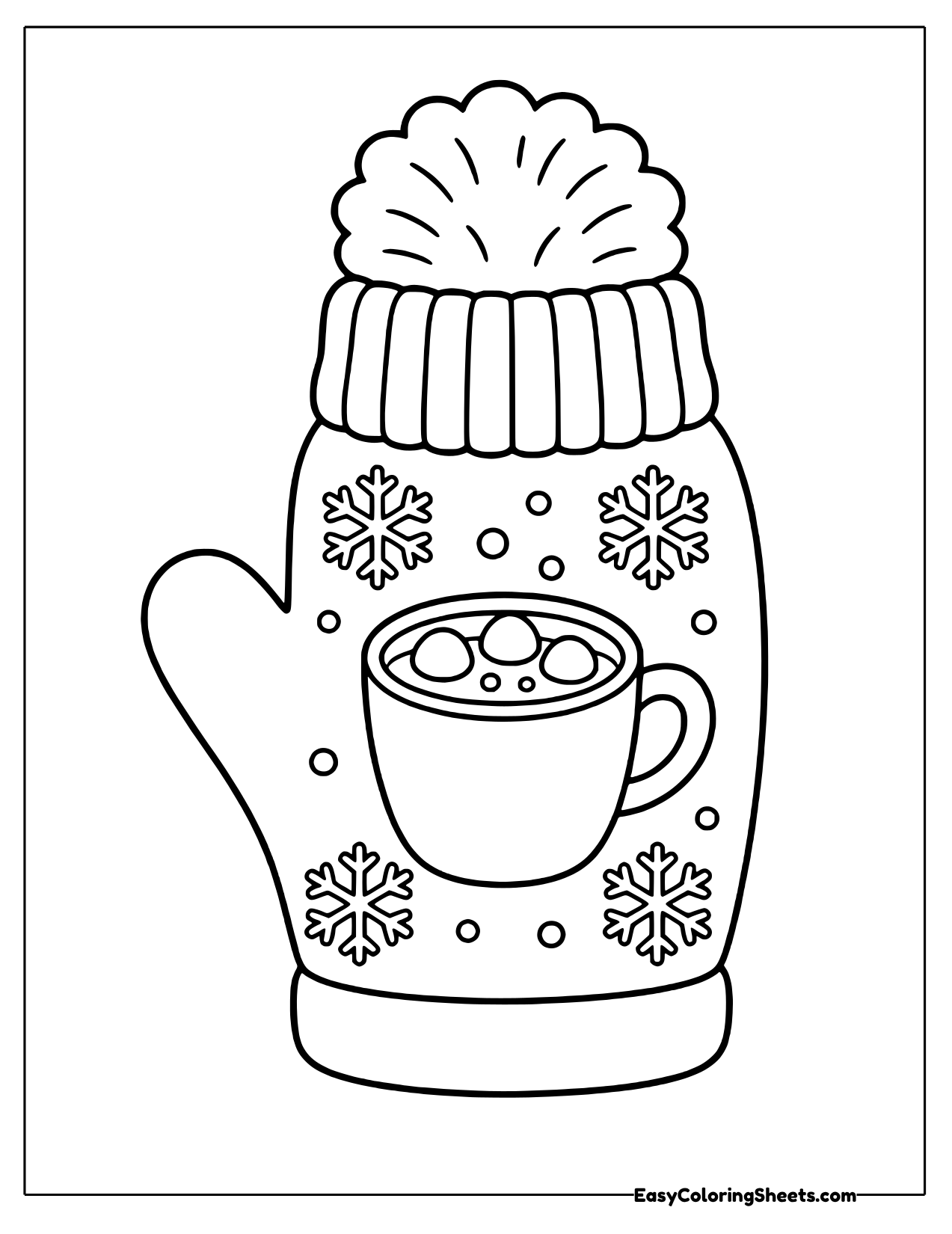 Mitten with a hot cocoa mug and pompom