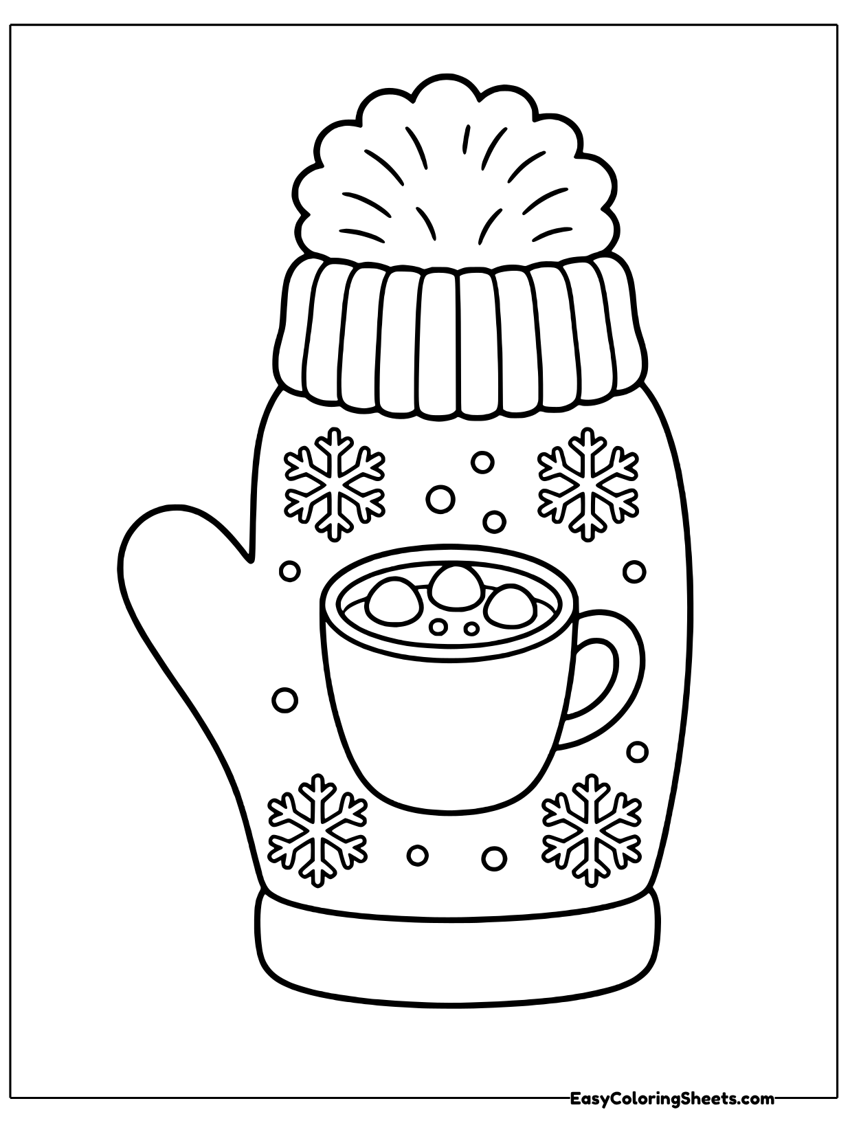 A mitten with a fluffy pompom at the top shows a mug of hot cocoa topped with marshmallows on its front.