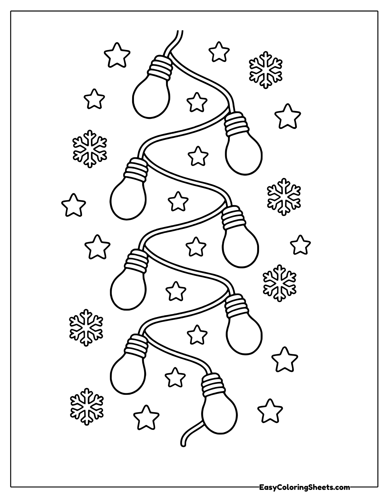 Zigzagging string of capped Christmas light bulbs with stars and snowflakes