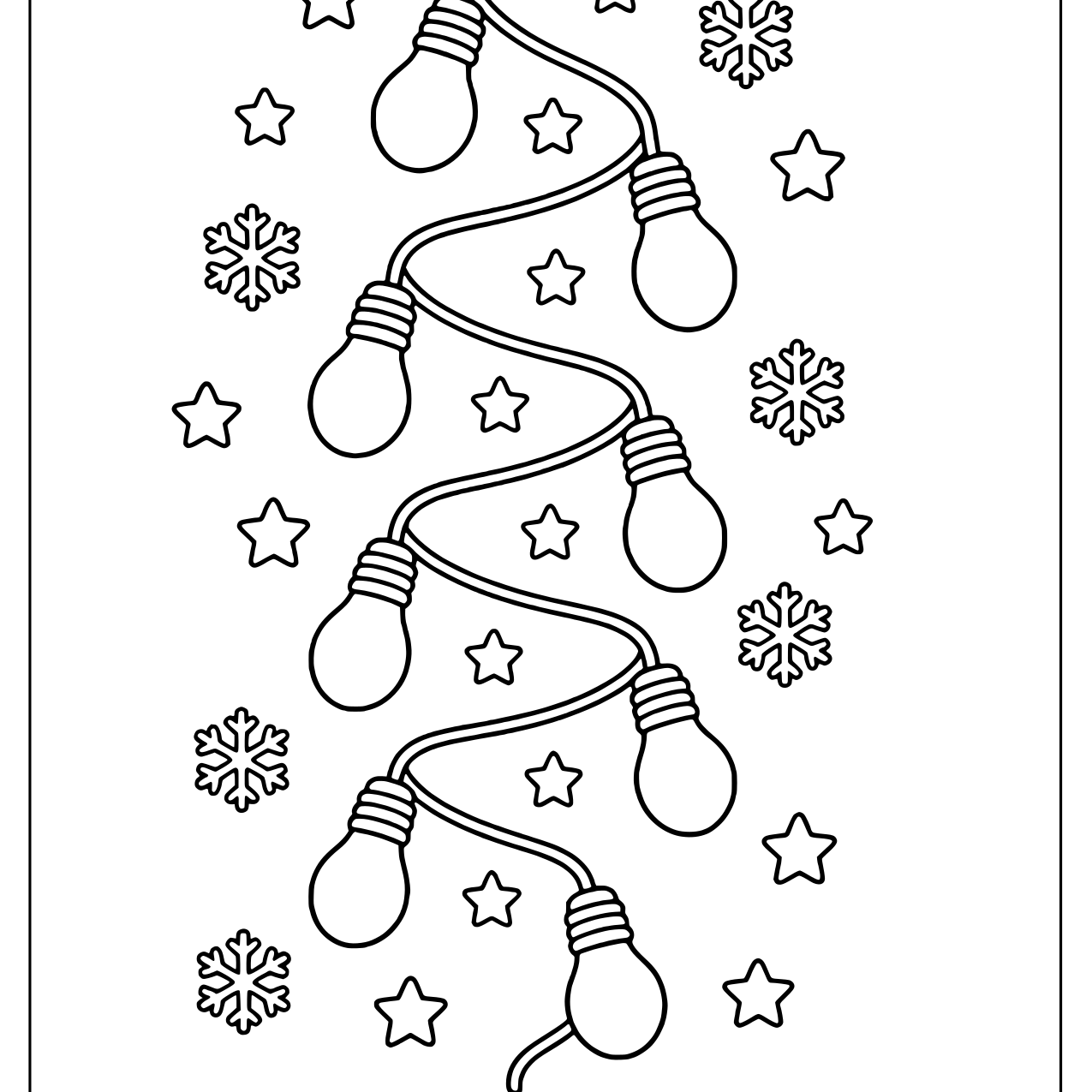 Zigzagging string of capped Christmas light bulbs with stars and snowflakes