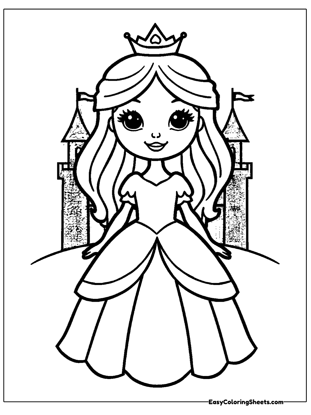 A princess with long wavy hair and a crown stands in a flowing gown before a castle with pointed towers.