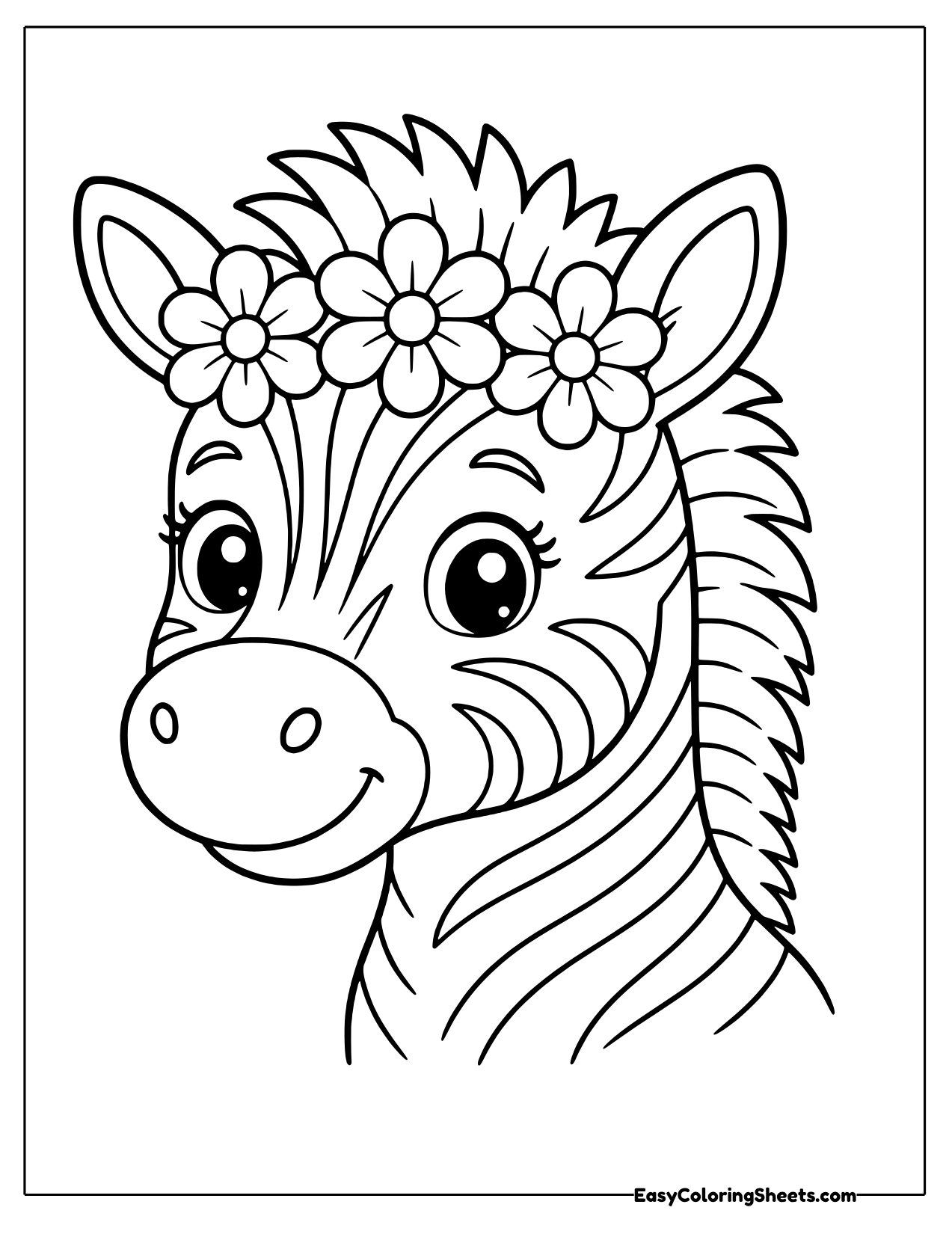 Portrait of a smiling zebra wearing a daisy flower crown