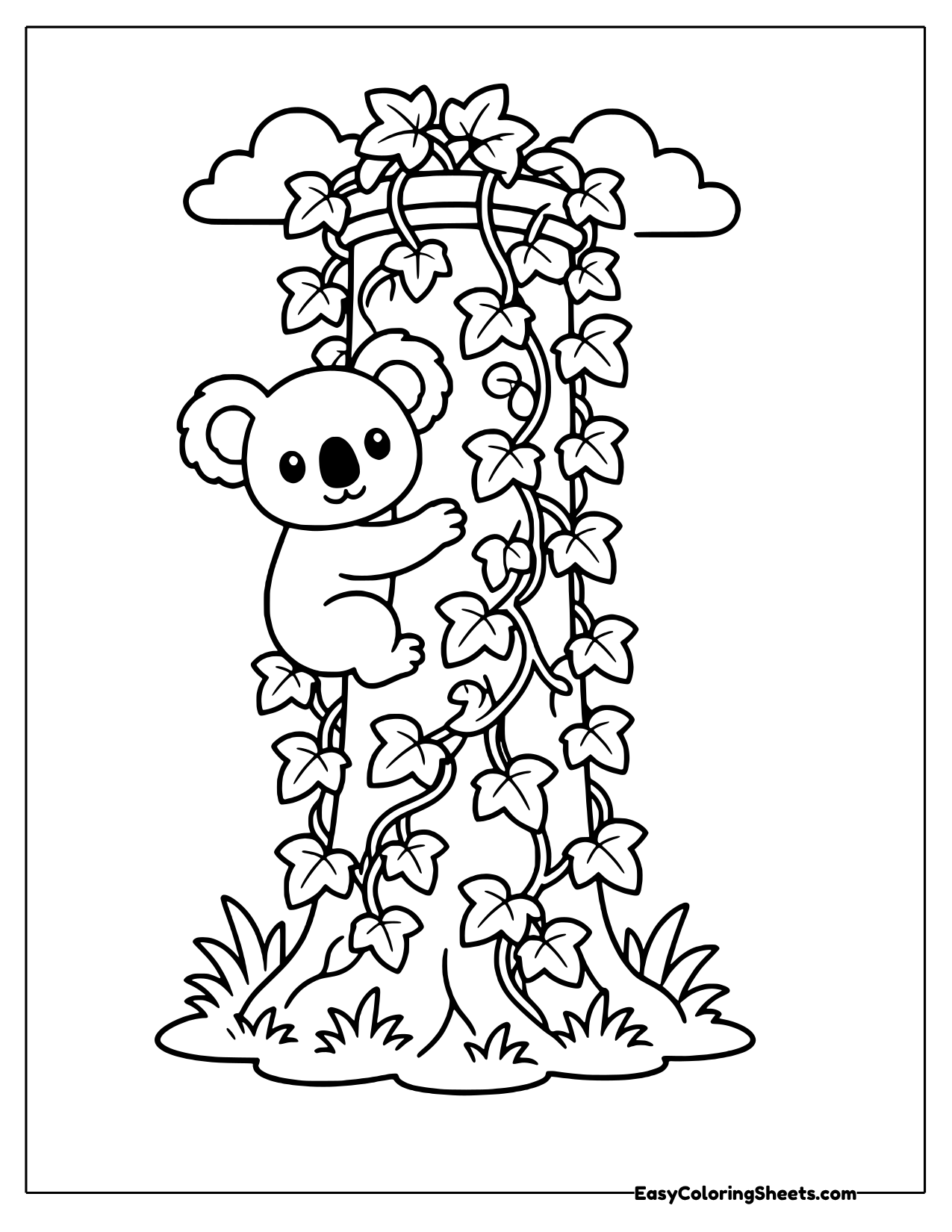 Koala climbing an ivy covered column