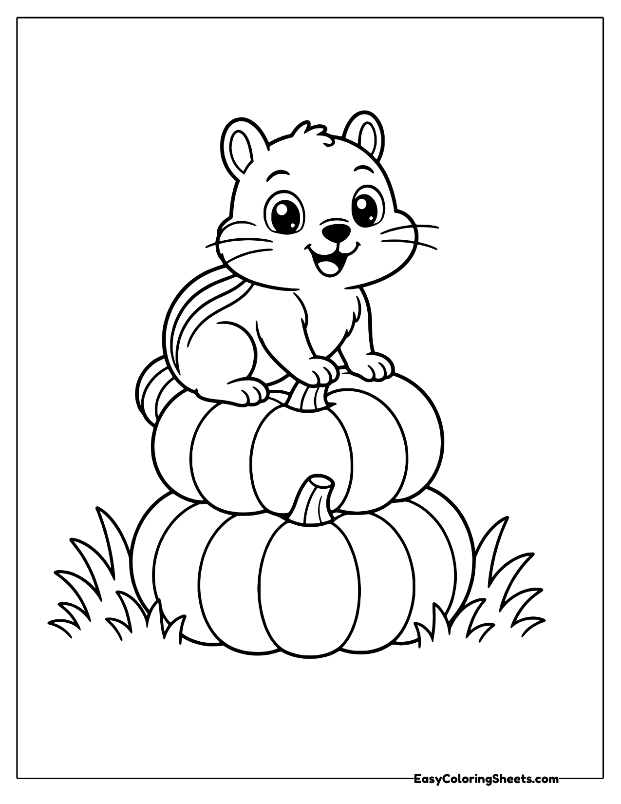 Chipmunk sitting on two stacked pumpkins