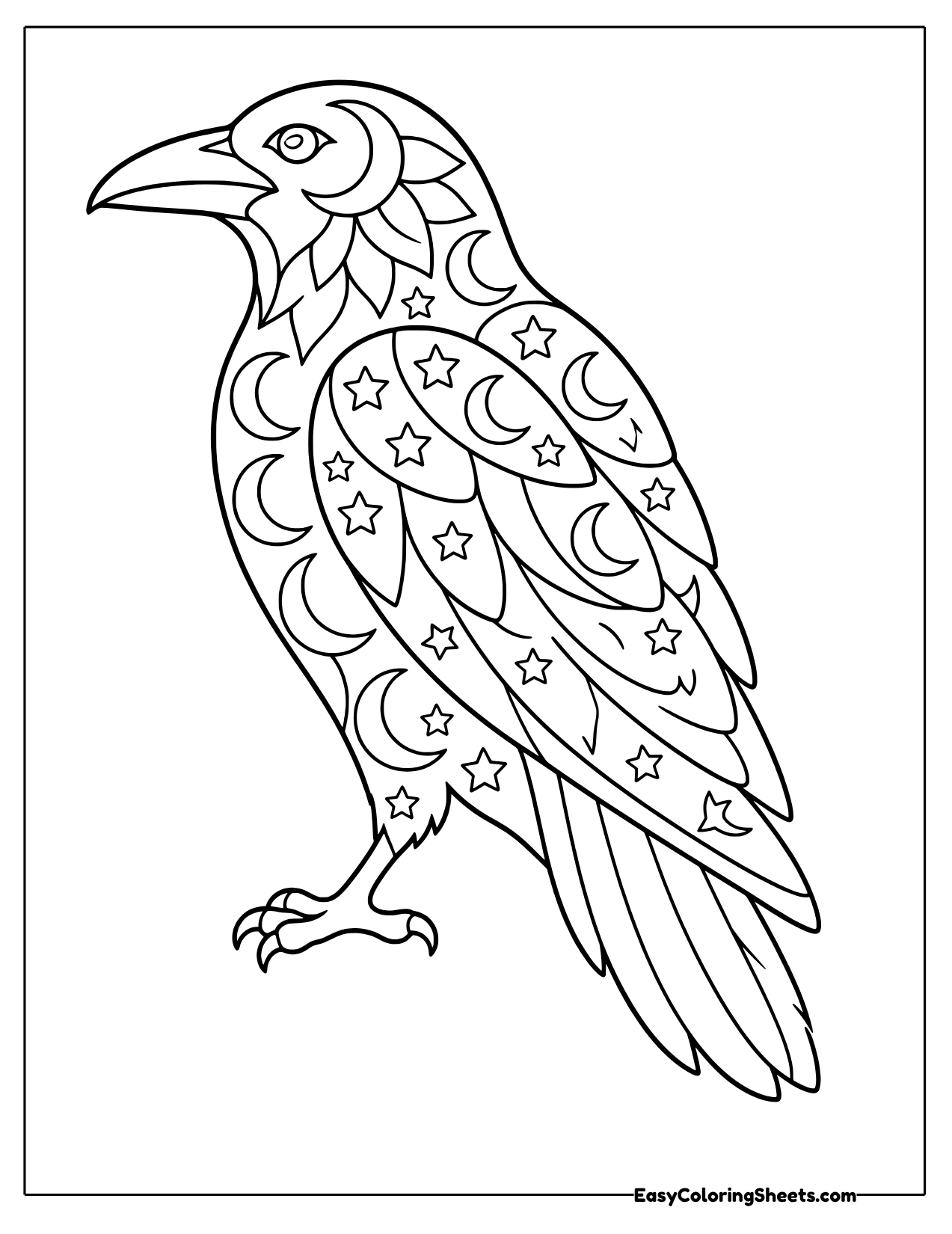 Standing raven mandala with crescent moons, stars and patterned feathers
