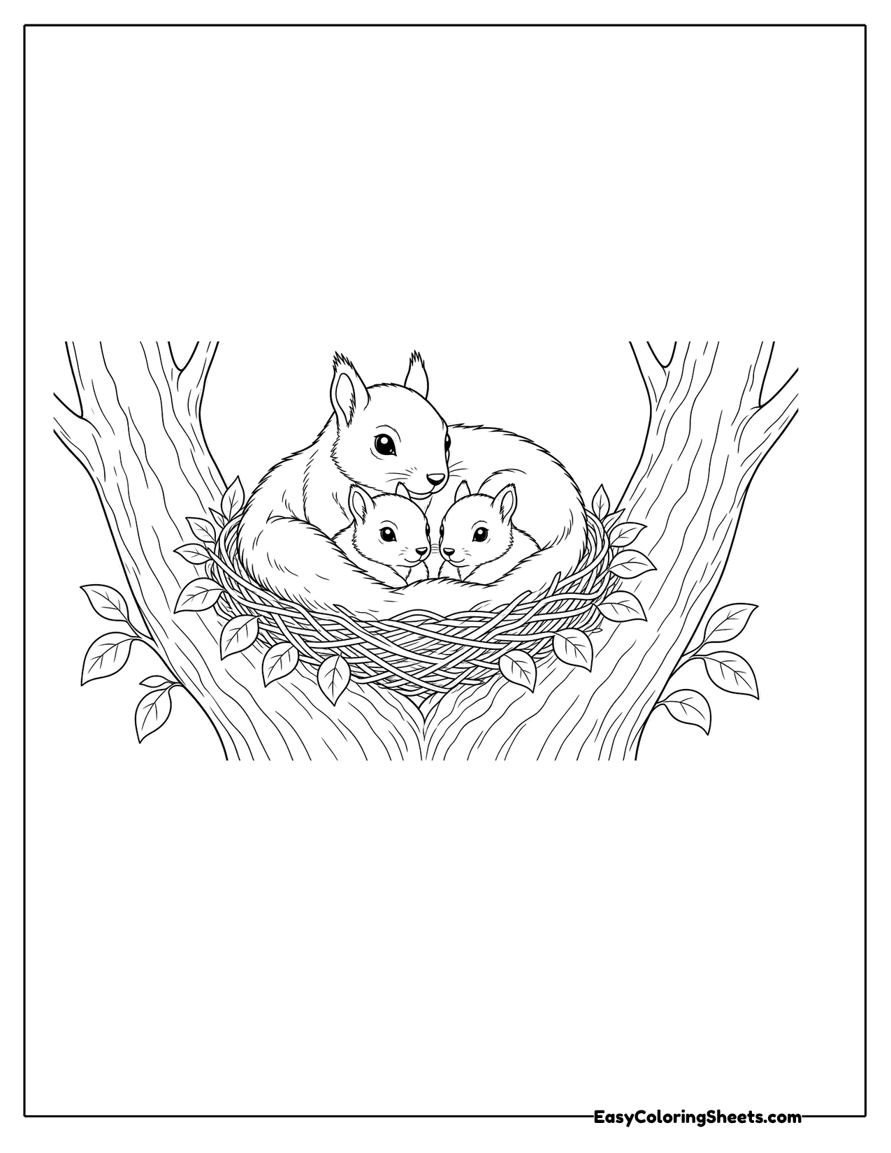 Squirrel family snuggled in a leafy nest
