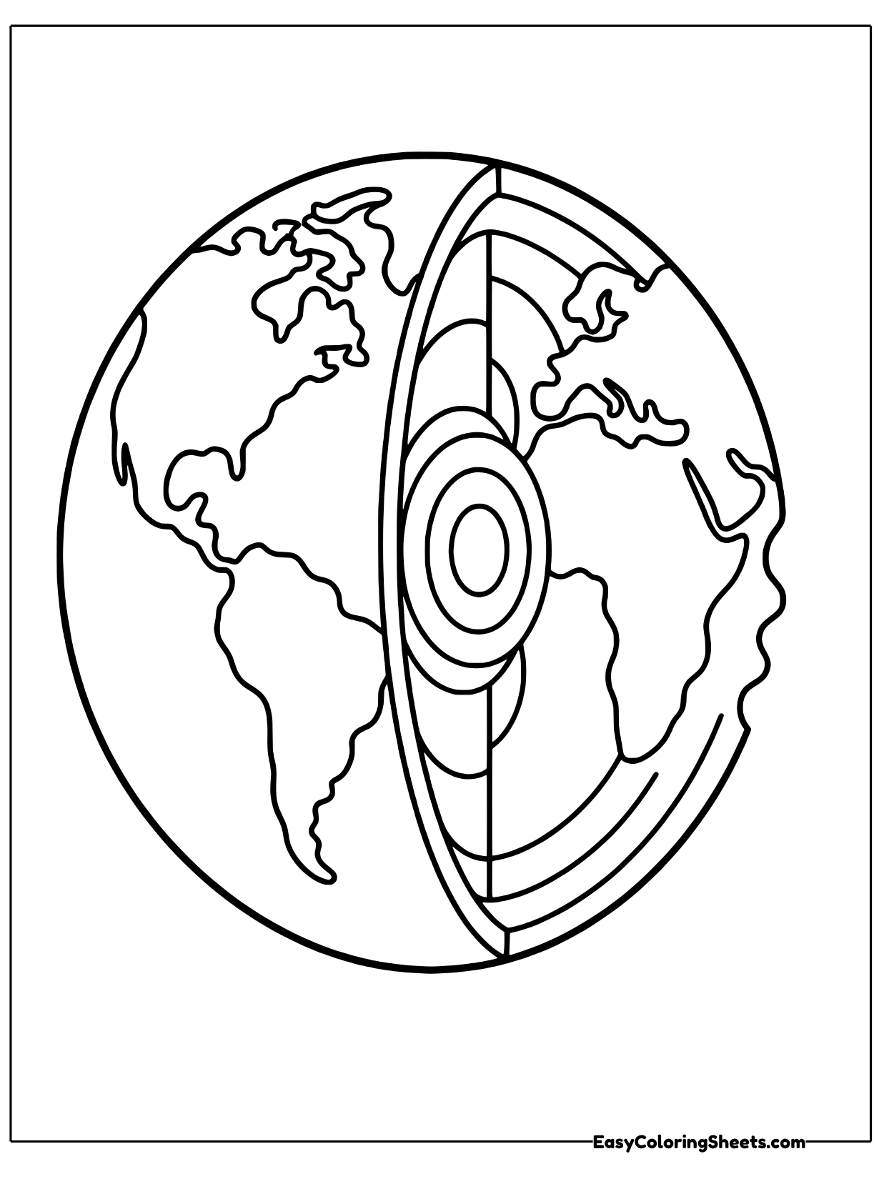 The Earth is shown with a wedge cut away to reveal its layers in rings inside.