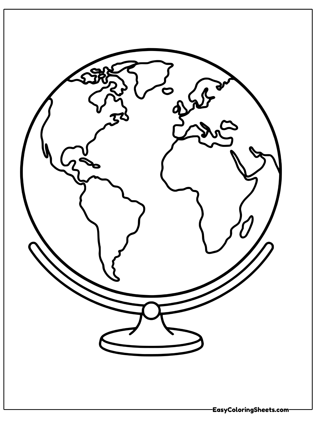 A large Earth globe rests on a curved base, showing continents across its surface.