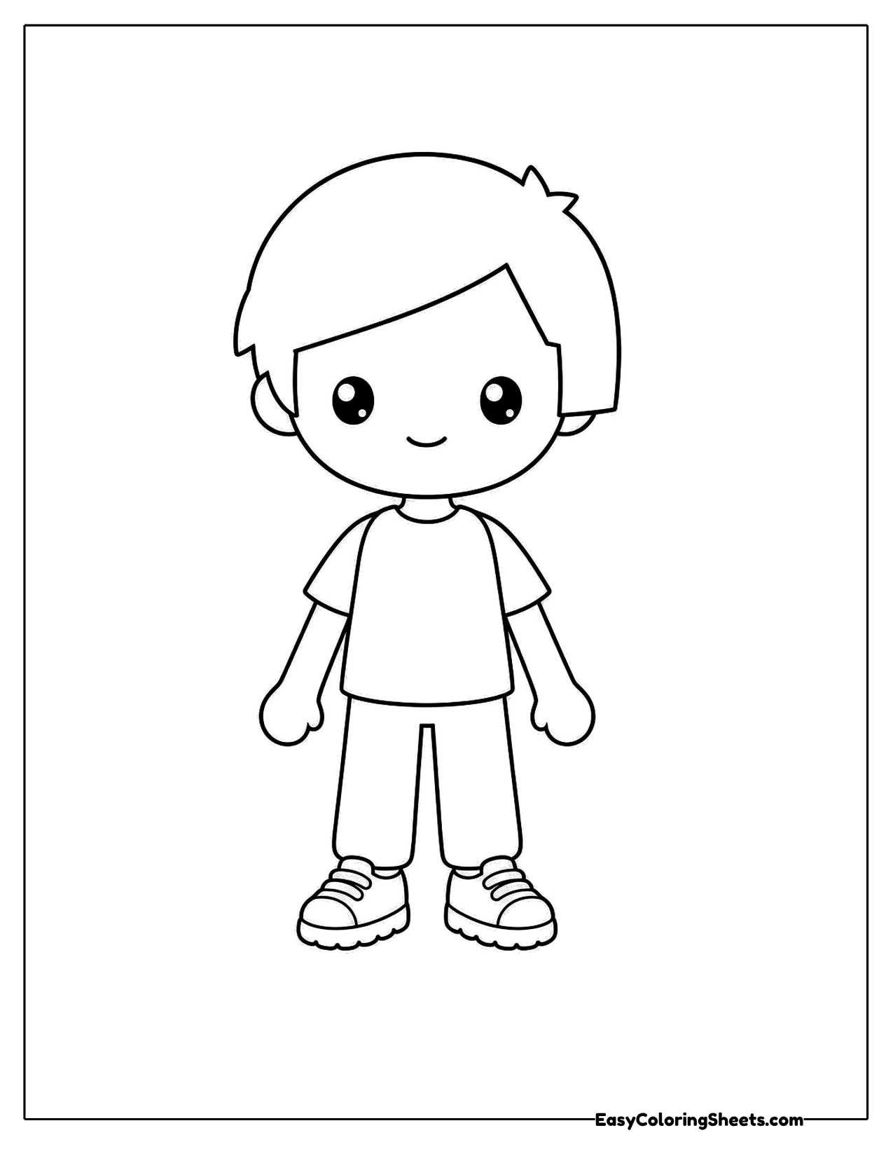 Simple cartoon kid with a bowl haircut standing straight
