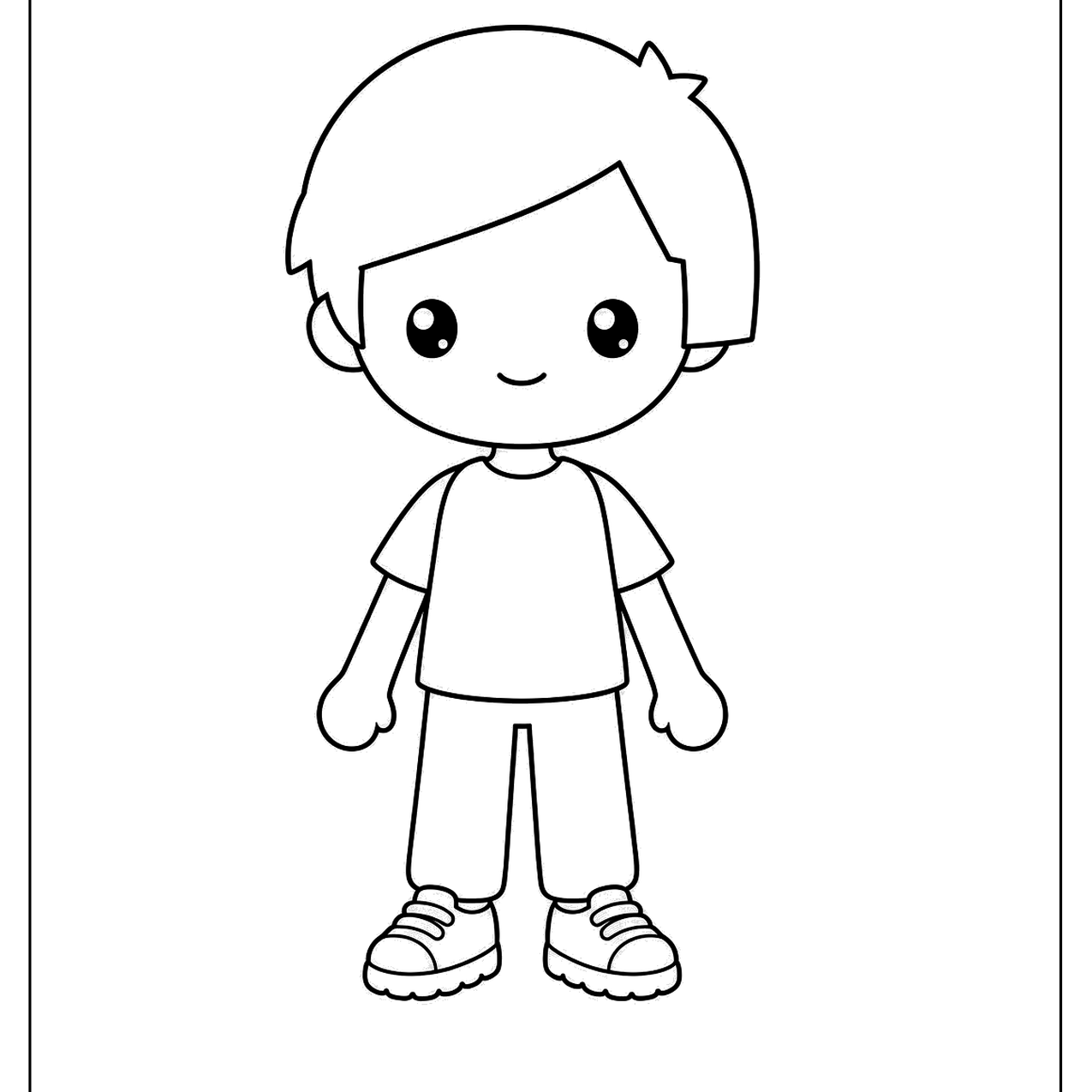 Simple cartoon kid with a bowl haircut standing straight