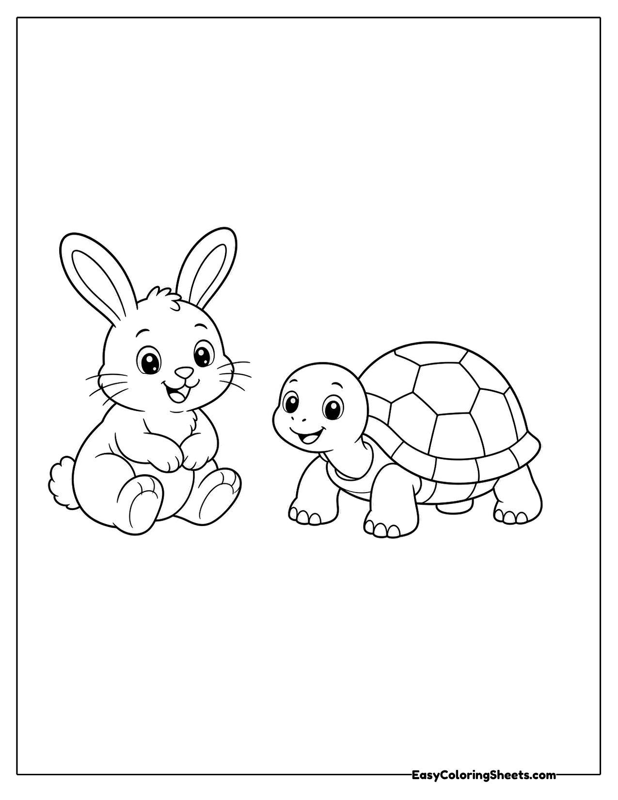 Bunny sitting beside a turtle with a patterned shell