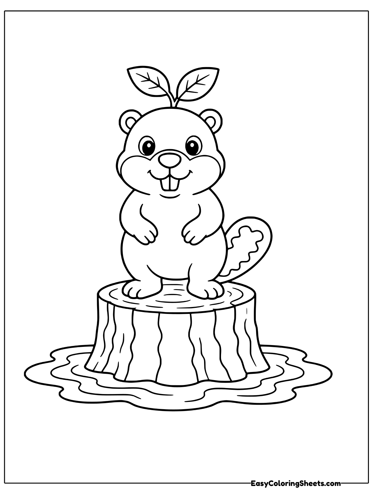 A beaver stands on a tall tree stump in the middle of a pond, with leaves sprouting from its head and ripples around the.