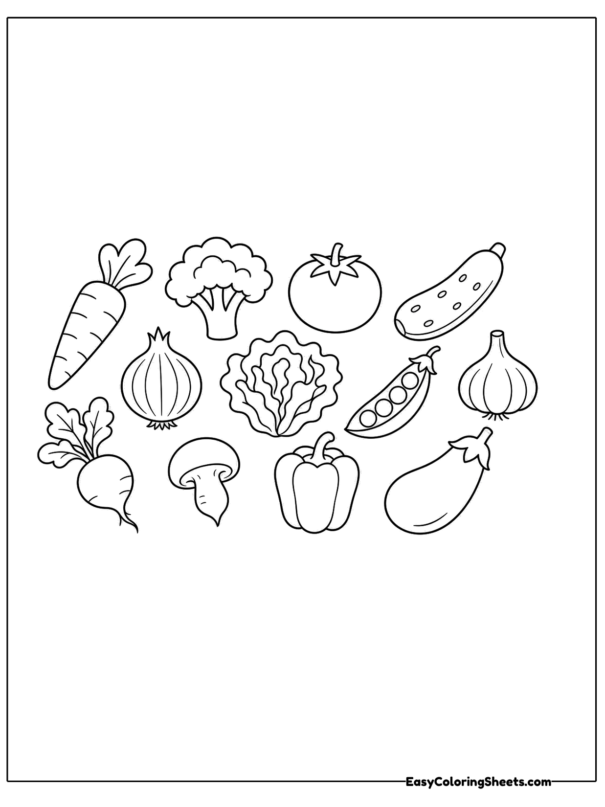 A collection of vegetables including a carrot, broccoli, a tomato, a pepper, a mushroom, peas.