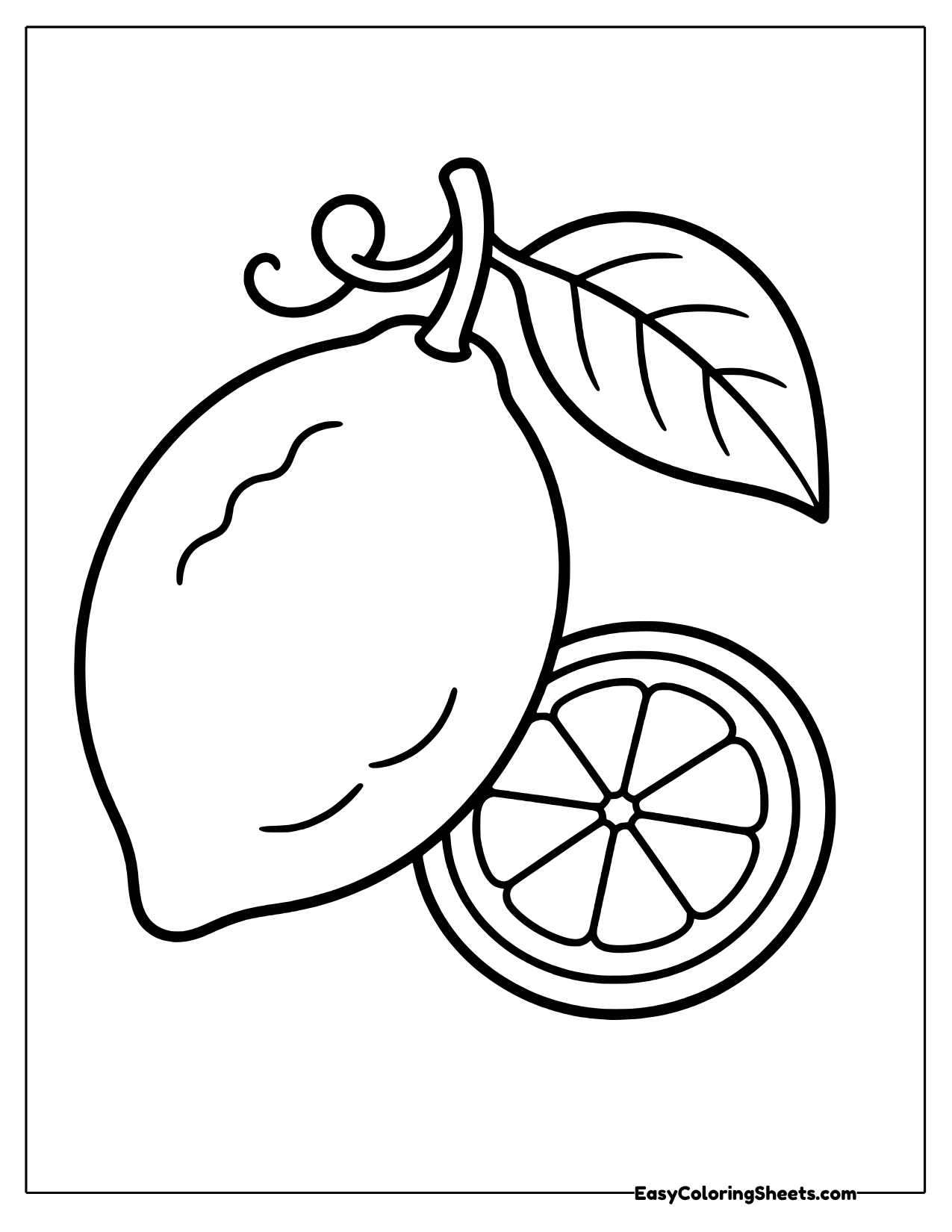 Lemon with a curly stem beside a slice