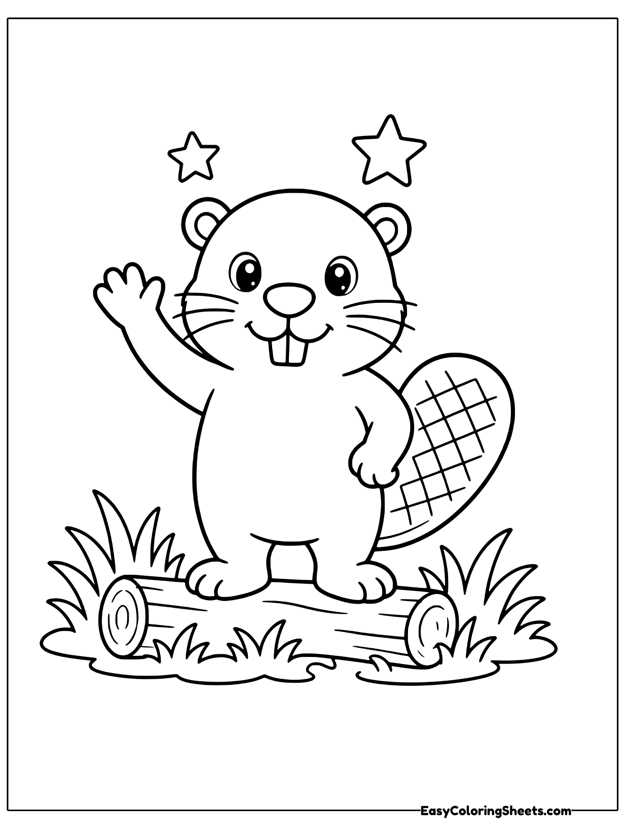 A beaver stands on a grassy patch and raises one paw as if waving hello, with stars above its head.