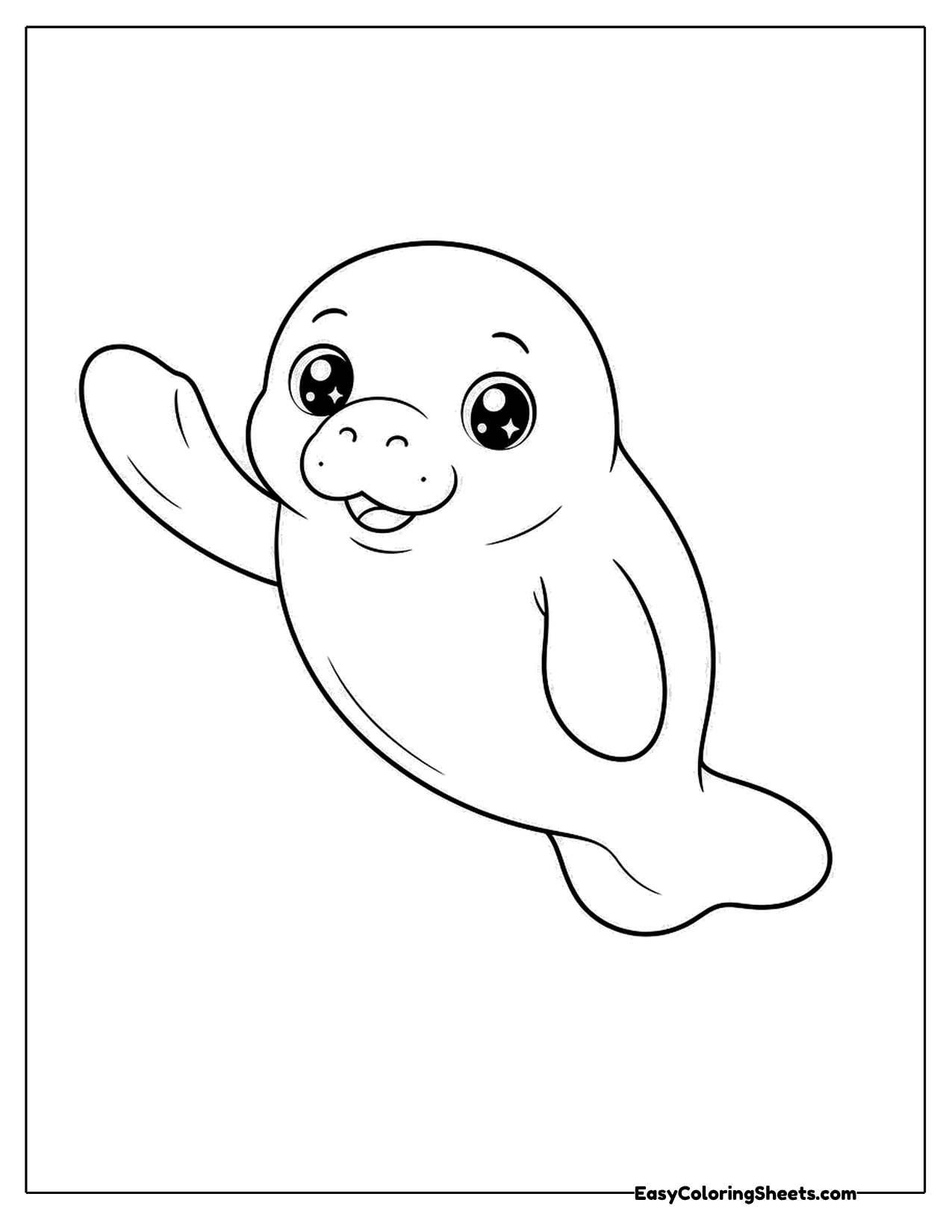 Cute cartoon manatee waving a flipper