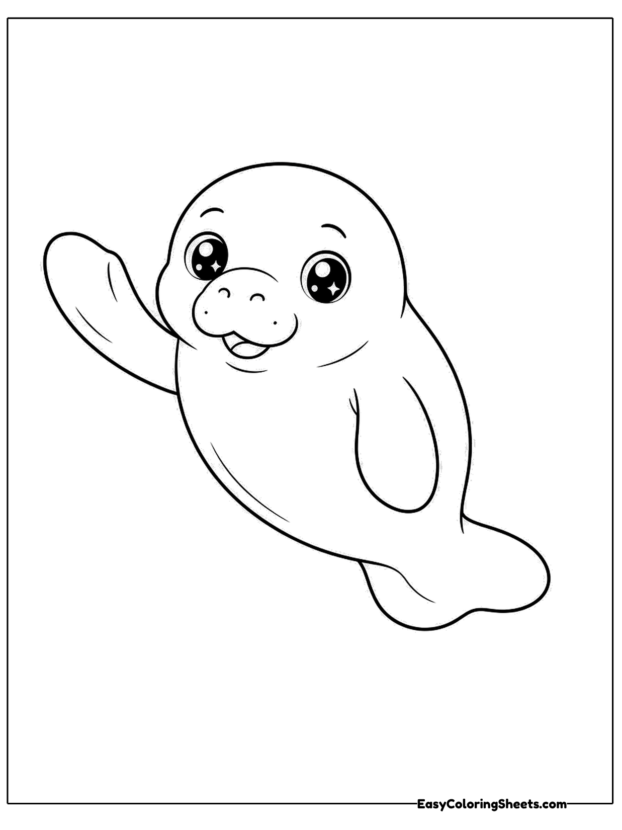 A cute cartoon manatee lifts one flipper in a wave and smiles with whisker dots on its round snout.