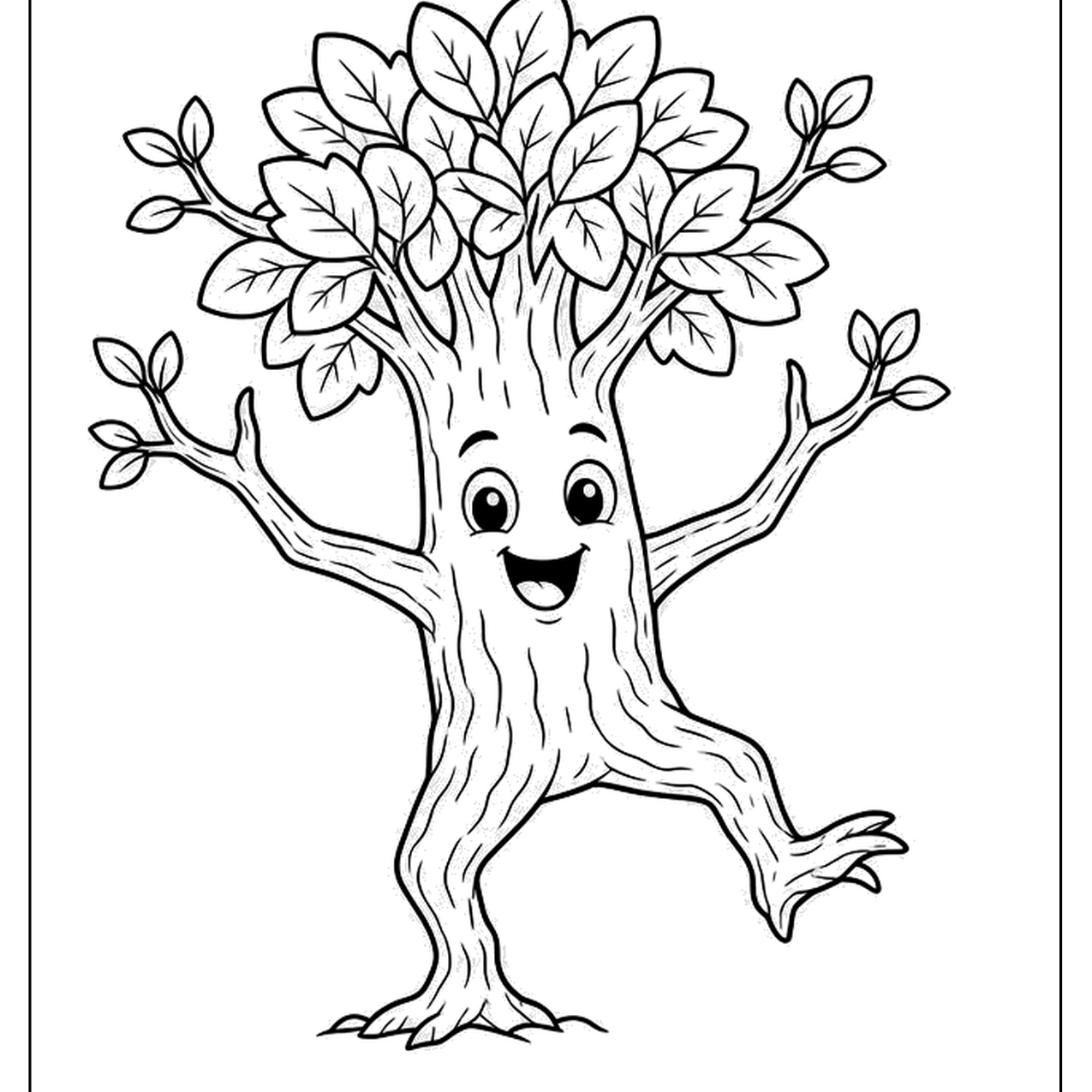 Smiling tree character with leafy branches raised