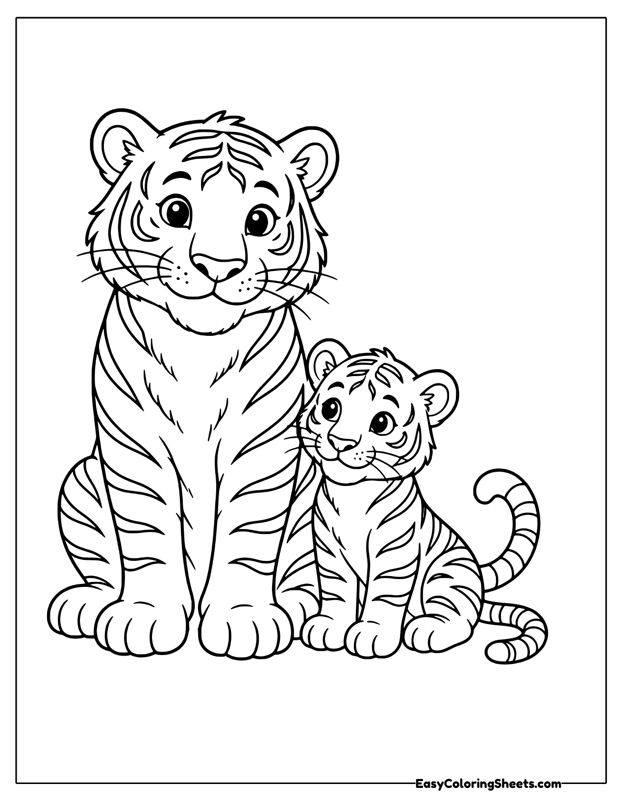 Tiger mom and cub sitting side by side