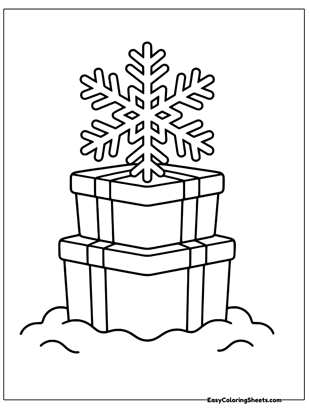 Two wrapped presents stack on a snowy mound with a large snowflake balanced on top.