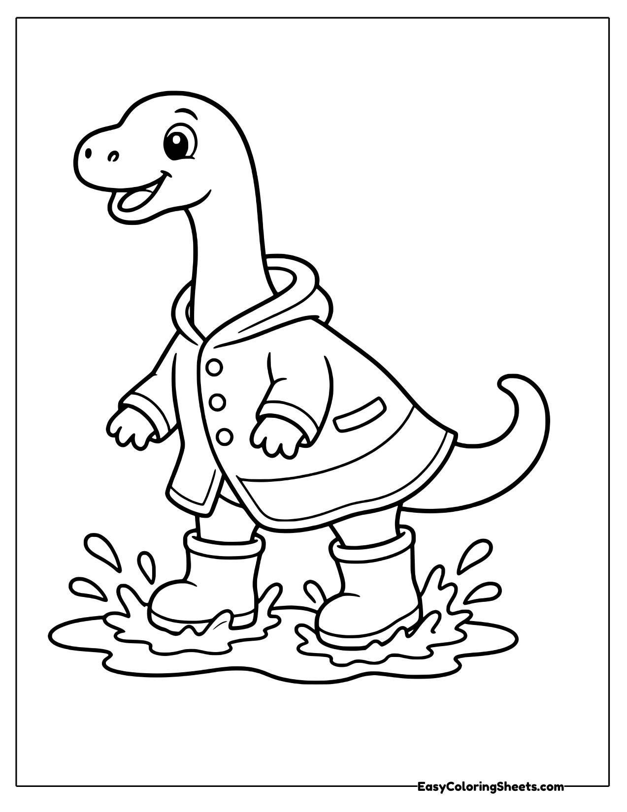 Brachiosaurus in a raincoat and rain boots splashing in a puddle