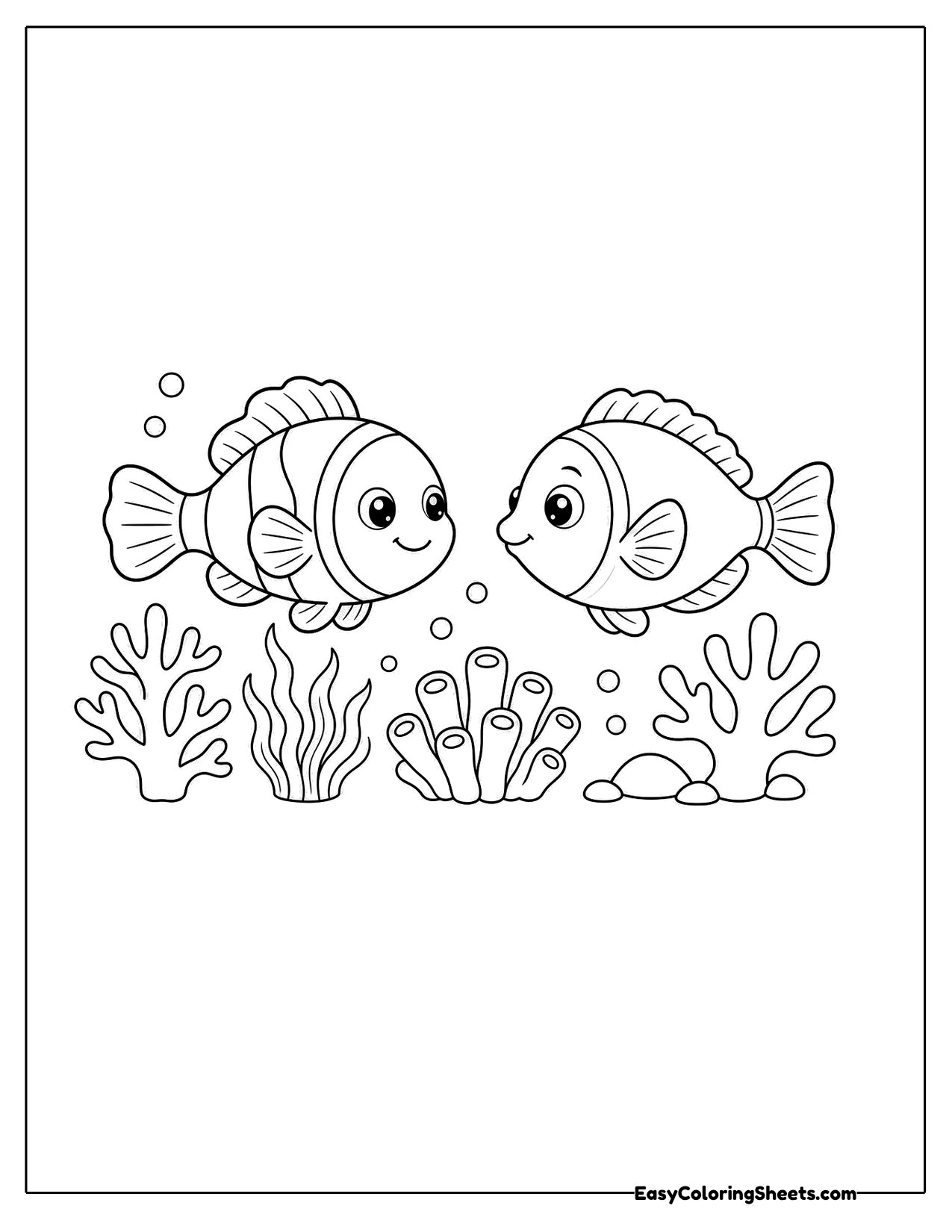 Two cartoon clownfish swimming above coral and sea plants
