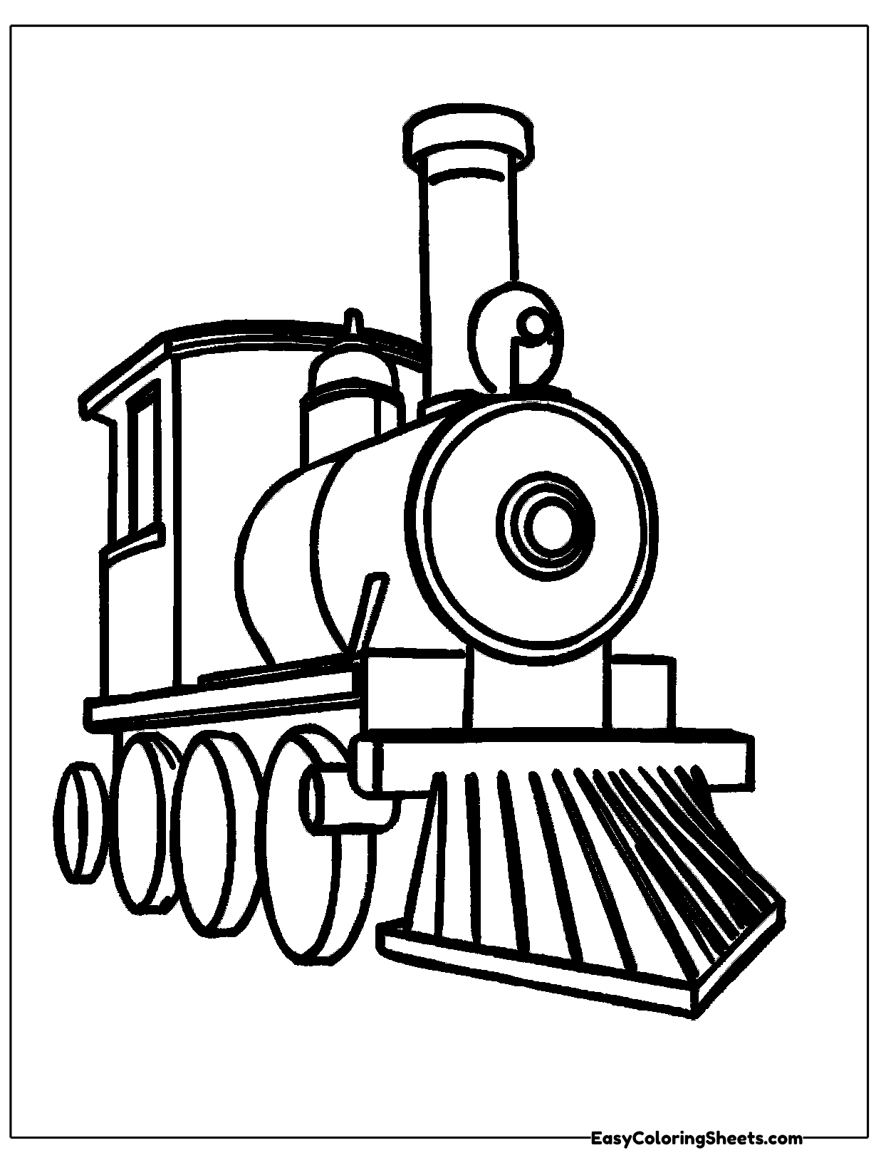 A chunky steam engine with a tall smokestack, a round boiler front and big wheels is drawn with heavy dark shapes.