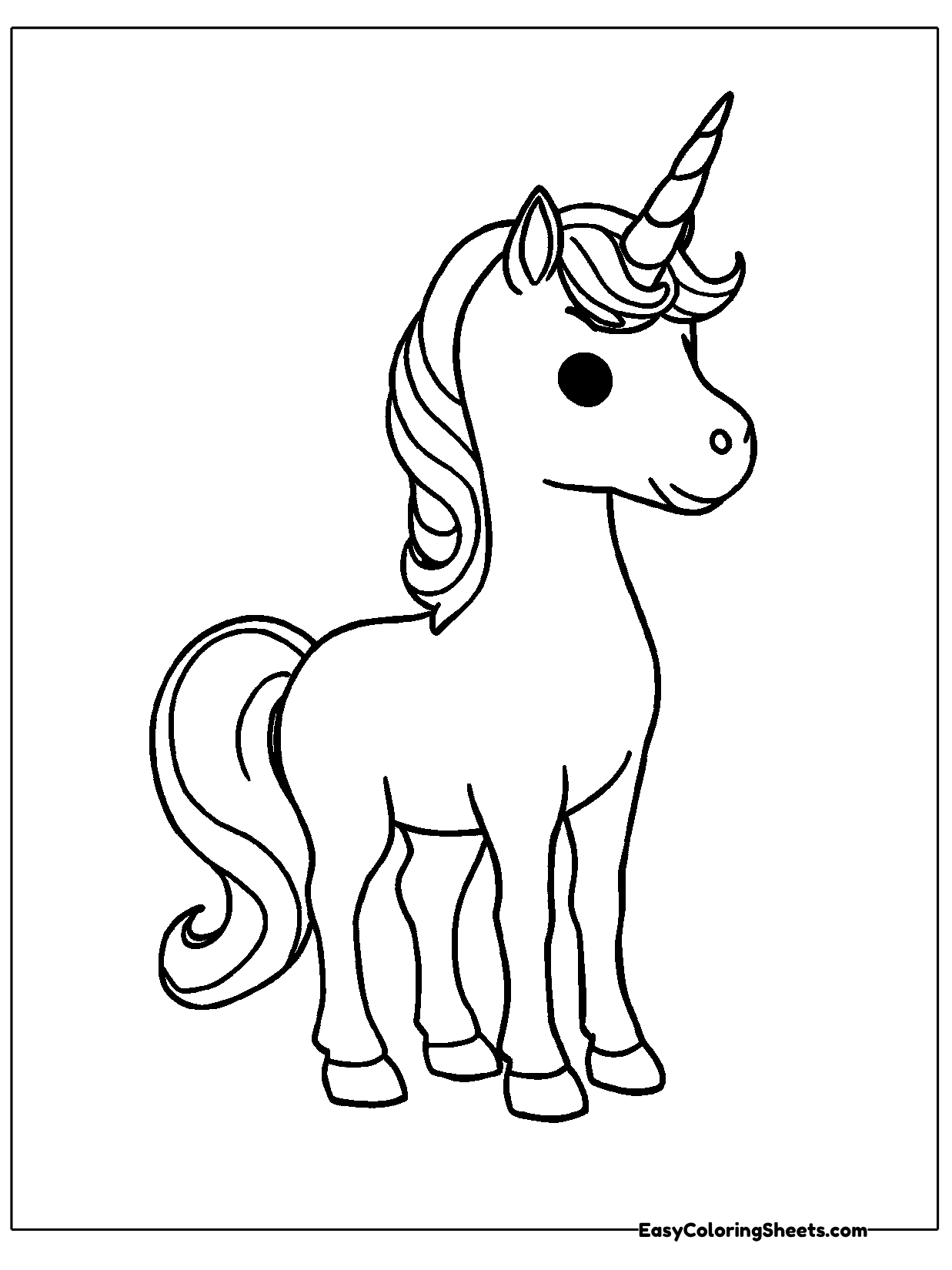 A unicorn stands tall in side view with a long wavy mane, a flowing tail and a spiral horn.